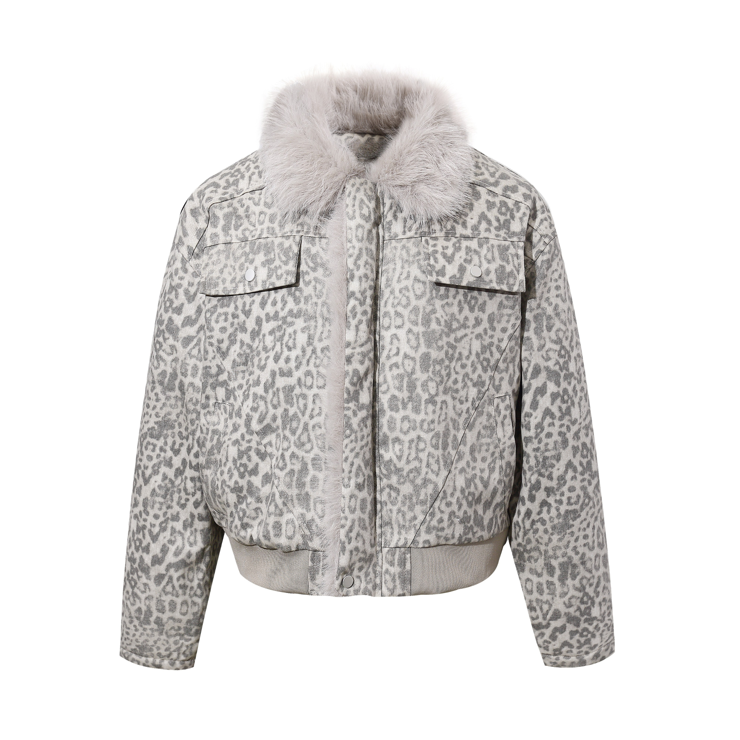 Grey leopard print cropped bomber jacket with plush faux fur collar and snap-button chest pockets on white background