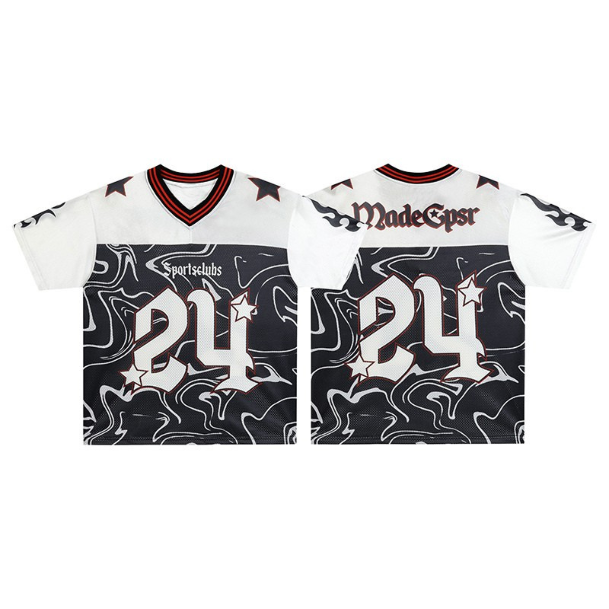 Front and back view of a black and white swirl camo football jersey with number 24 graphic and red V-neck collar