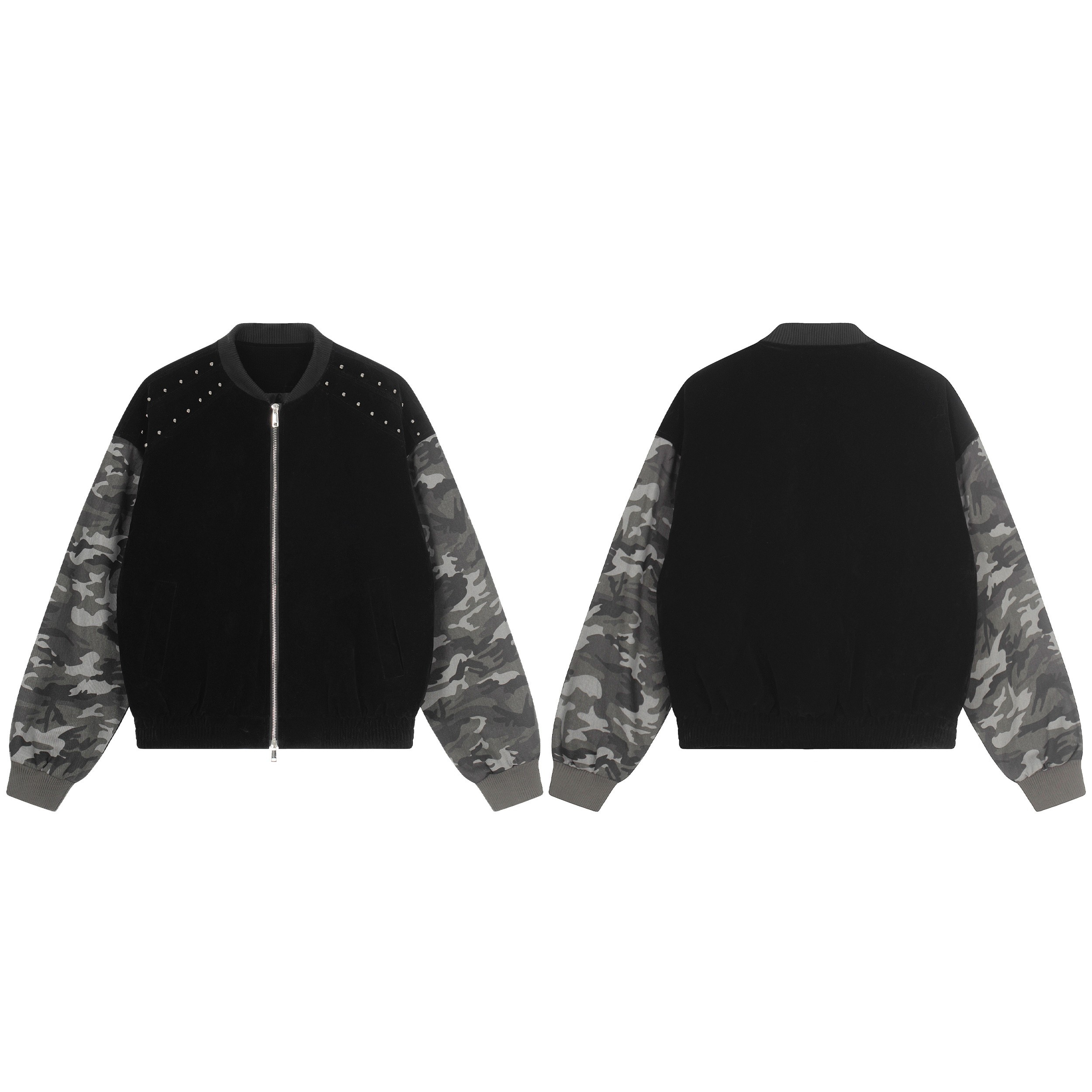 Front and back view of black varsity bomber jacket with grey camouflage sleeves and silver stud shoulder detailing