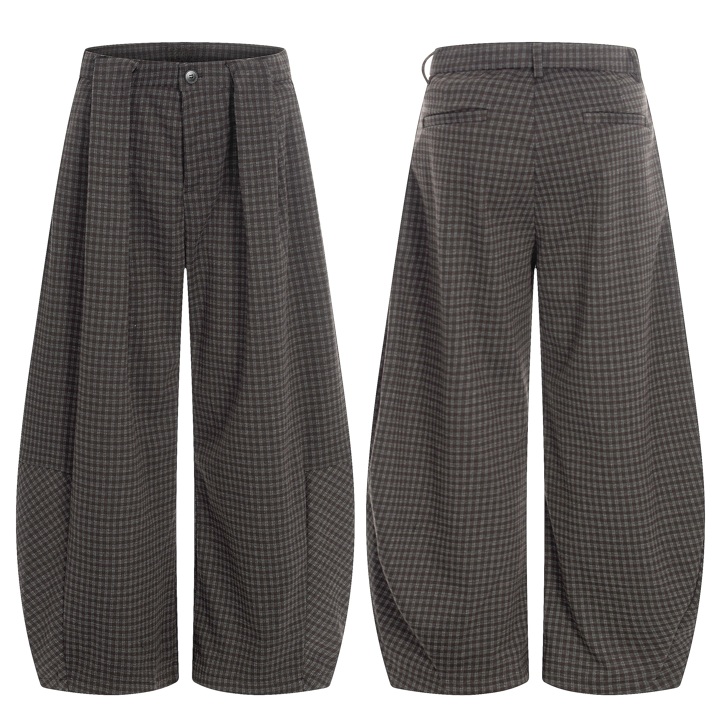 Front and back view of charcoal grey wide-leg plaid trousers with pleated front and structured waistband