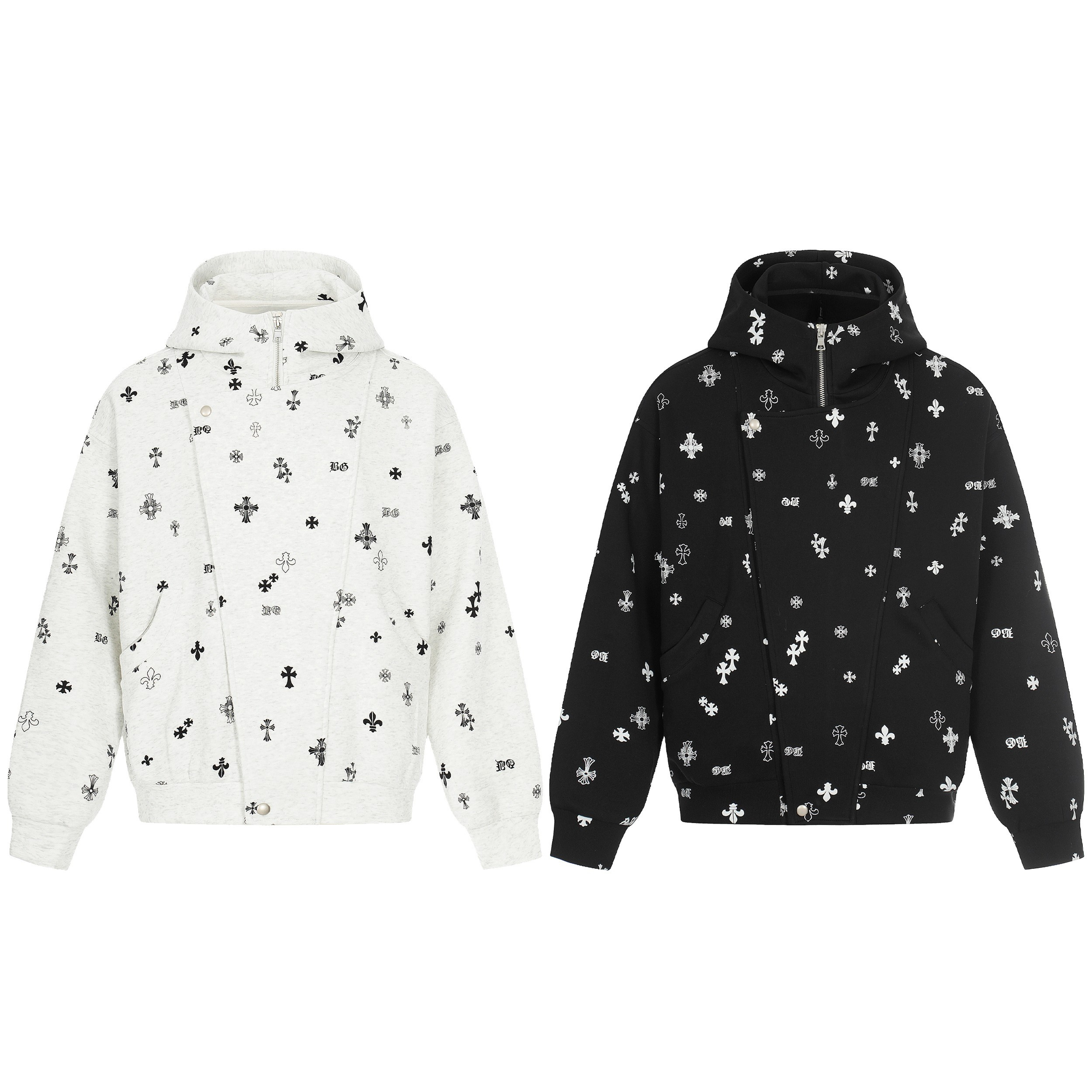All-over gothic cross print hooded zip jacket in heather white and black, displayed side by side on white background
