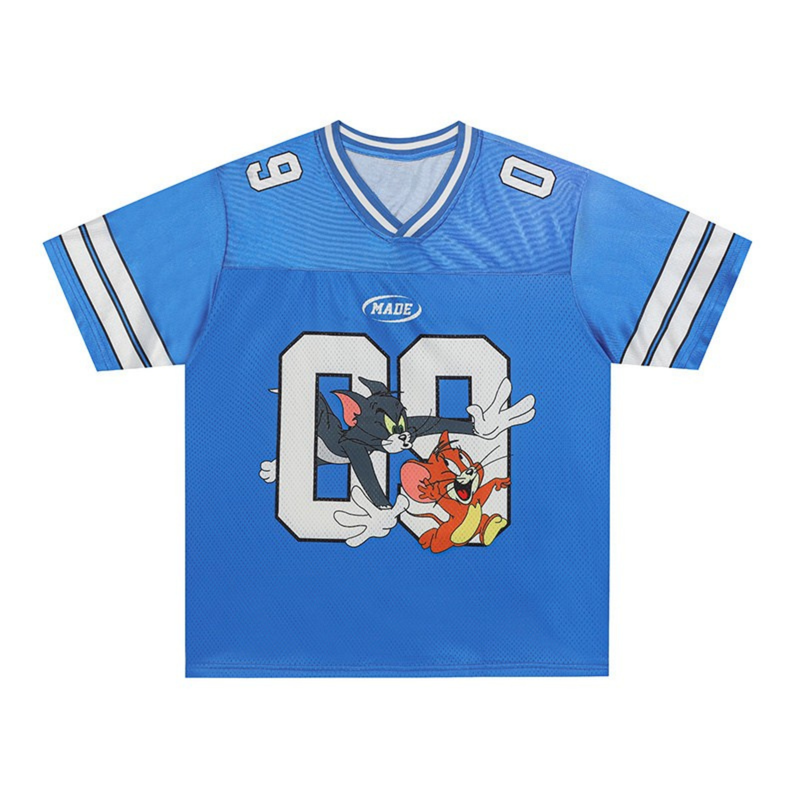 Blue Tom and Jerry football jersey with varsity stripes, V-neck, and cartoon graphic on the front
