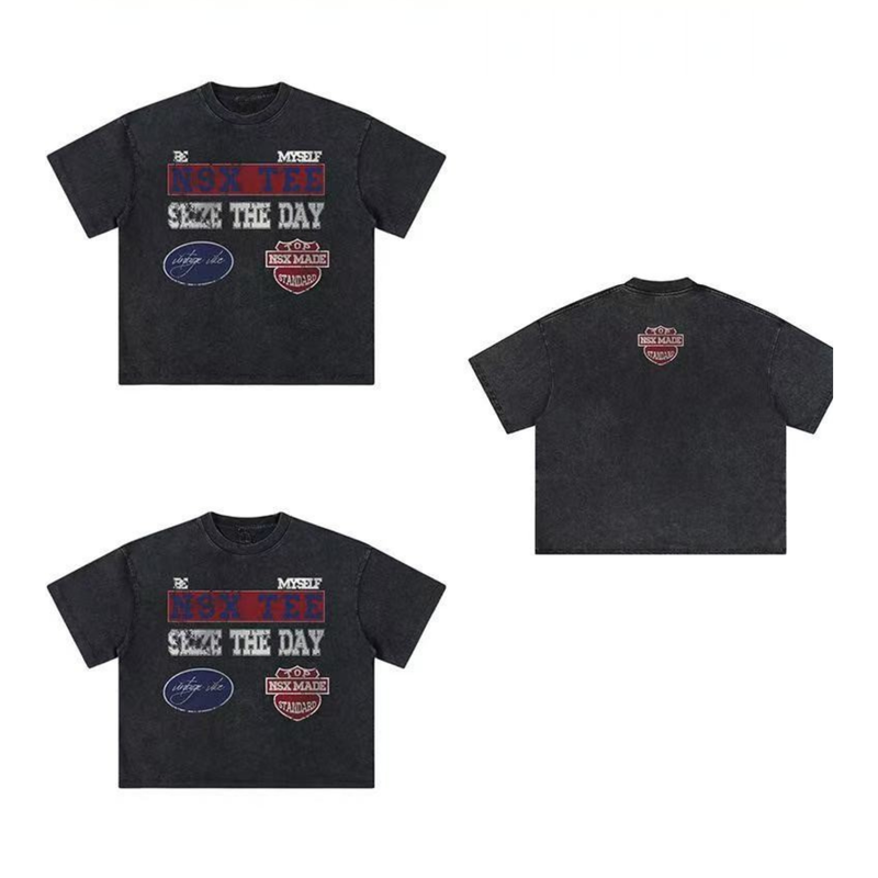Black vintage washed graphic T-shirt with bold Seize the Day text and NSX Made patches, shown front and back views