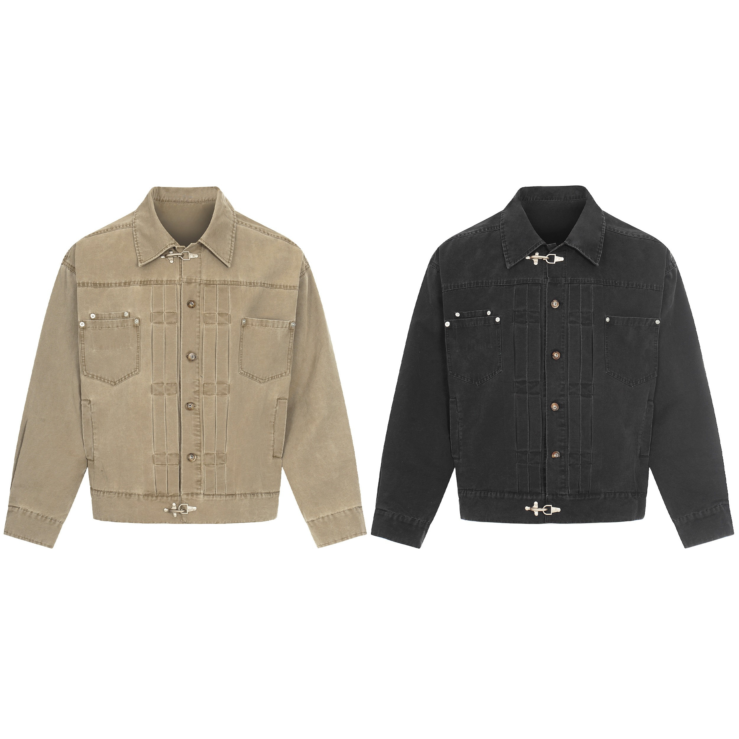 Omirad washed khaki denim jacket with metal clasp accents, panel stitching, and chest flap pockets on white background