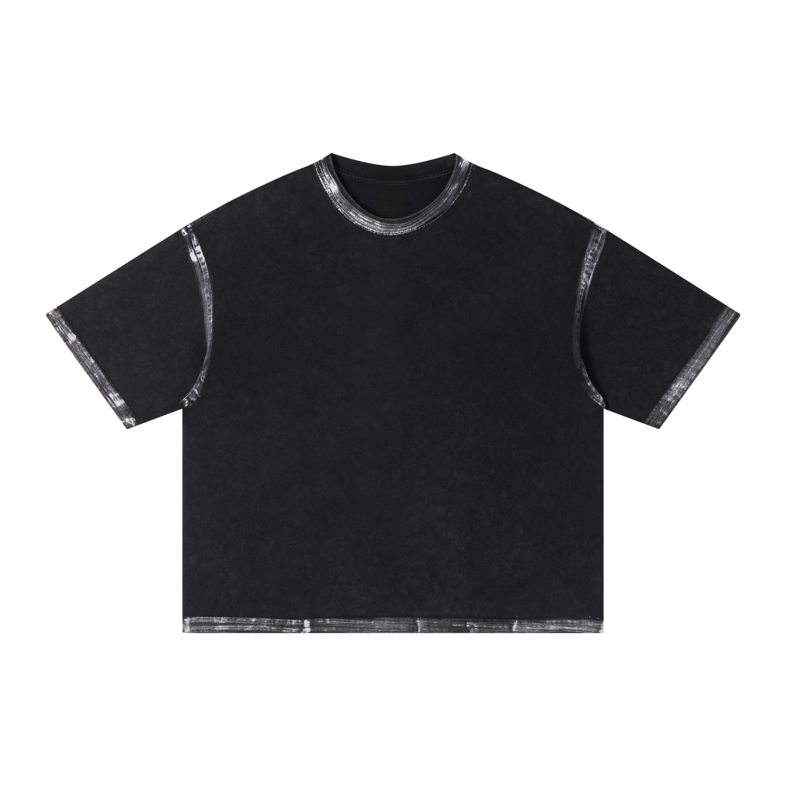Front view of a black washed boxy cotton t-shirt with contrast seam detailing at collar, shoulders, and hem