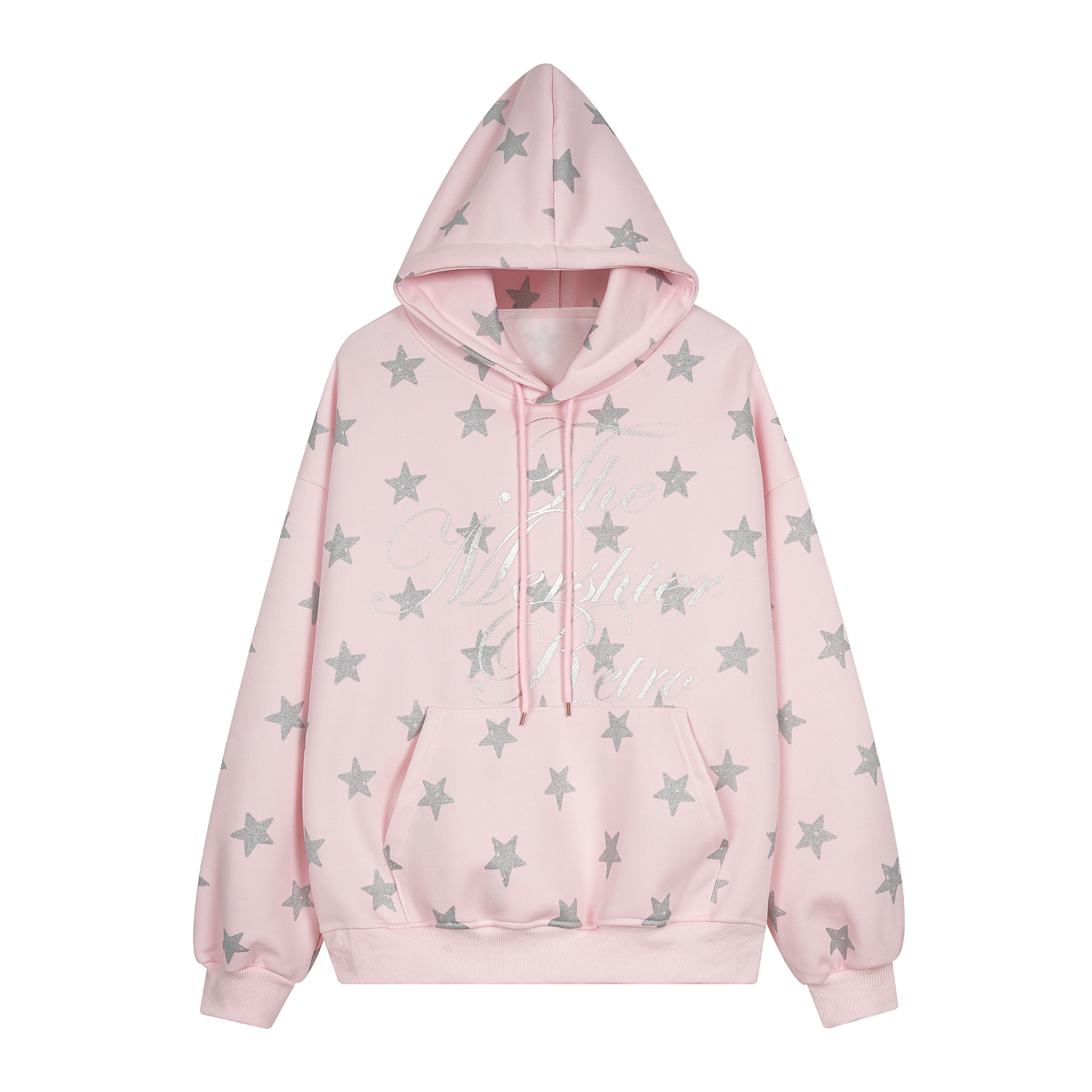 Oversized pink hoodie with all-over silver glitter star print and script graphic on chest, front view