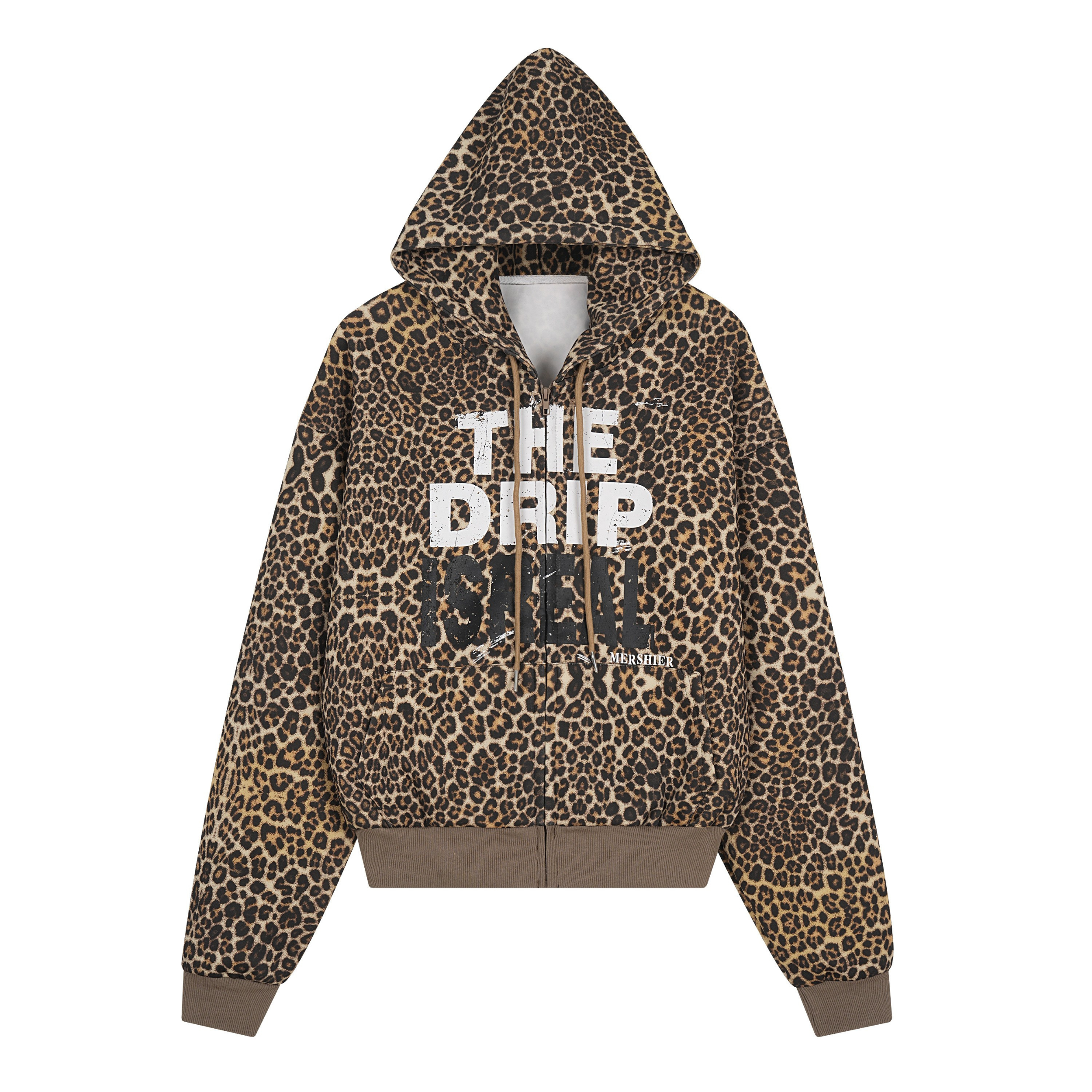 Front view of a leopard print zip-up hoodie with distressed white and black THE DRIP IS REAL chest graphic