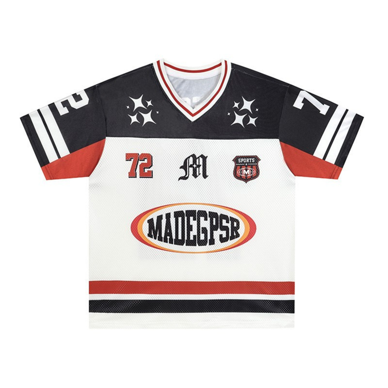 Black white and red football jersey with mesh texture, striped sleeves, and bold vintage-style graphics on front