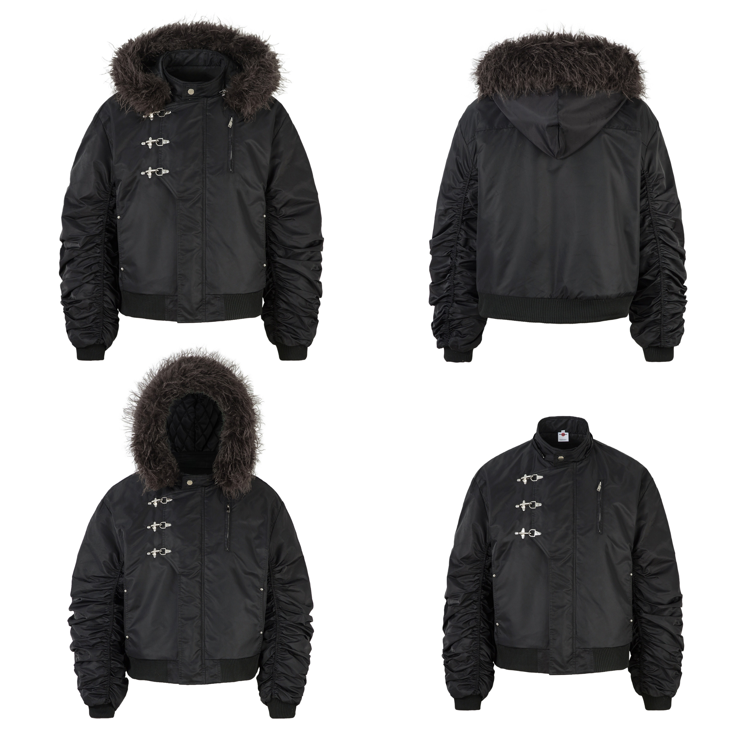 Omirad Toggle-Lock Faux Fur Hood Bomber Jacket | Black