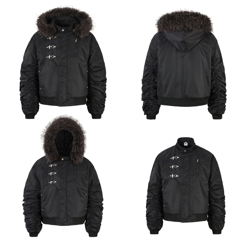 Omirad Toggle-Lock Faux Fur Hood Bomber Jacket | Black