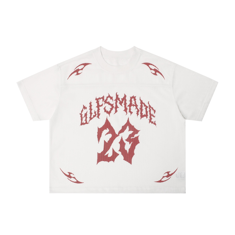 White oversized mesh jersey with red flame sigil graphics and bold streetwear logo print