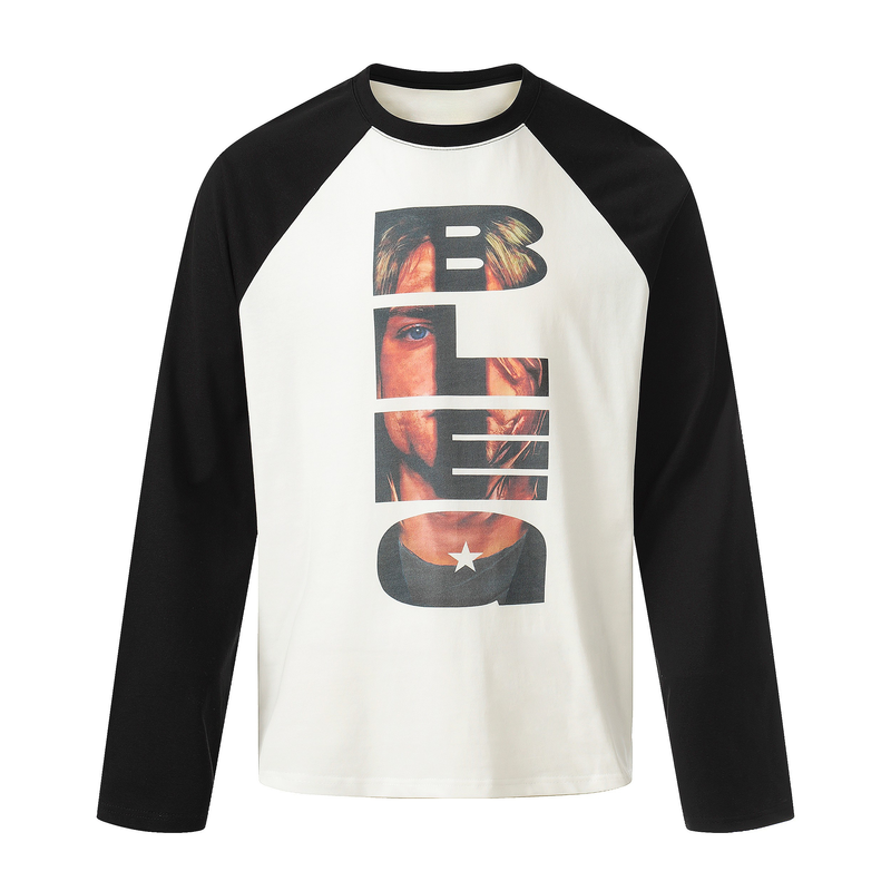 Black and white raglan long sleeve tee with vertical graphic portrait print on the front