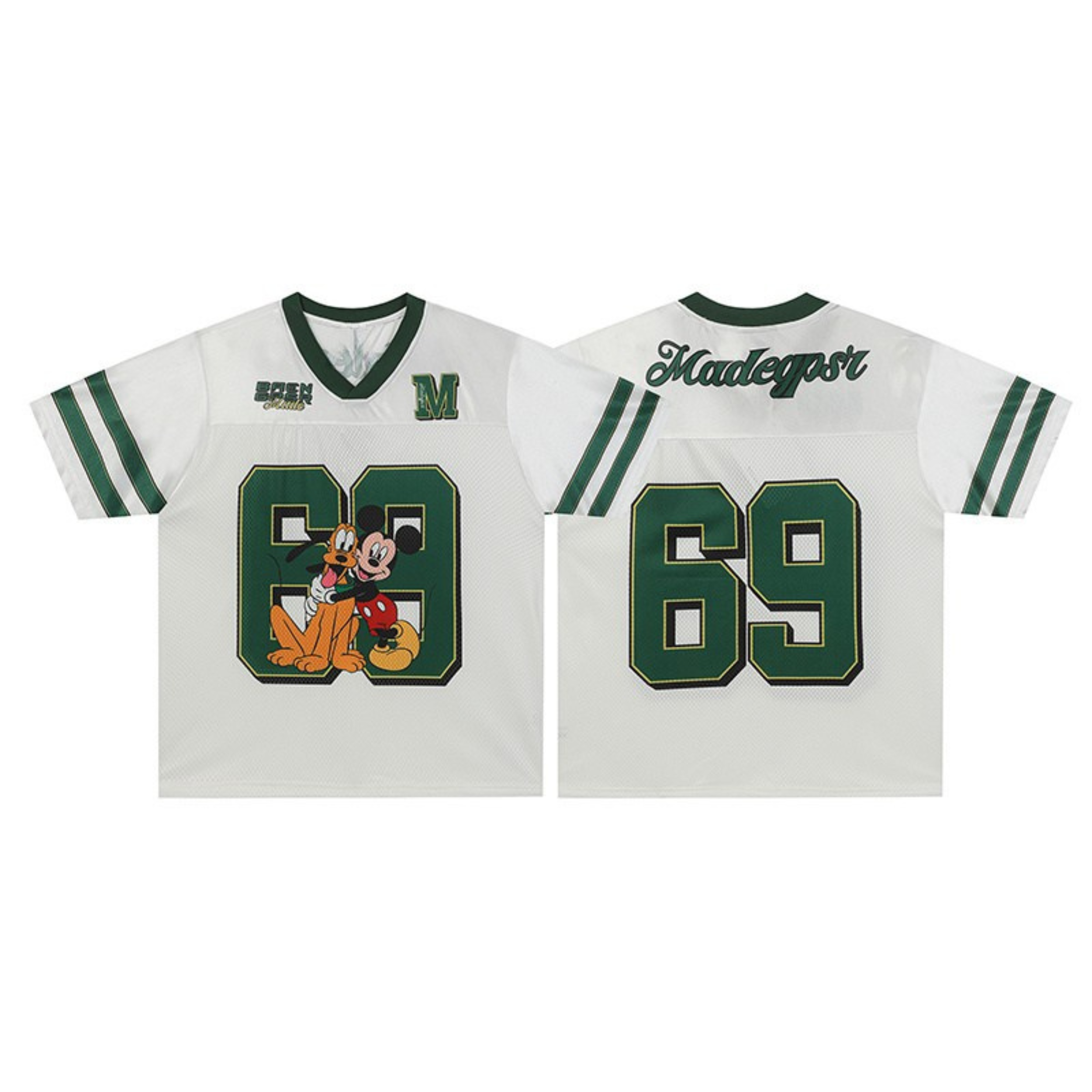 White mesh football jersey with Mickey Mouse and Pluto graphic and green number 69, shown front and back