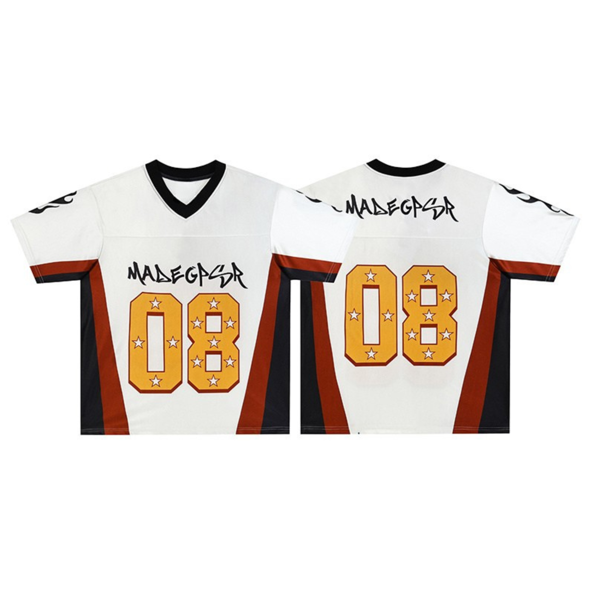 White MadeGPSR football jersey with gold star number 08 graphics and rust brown contrast side panels, front and back view