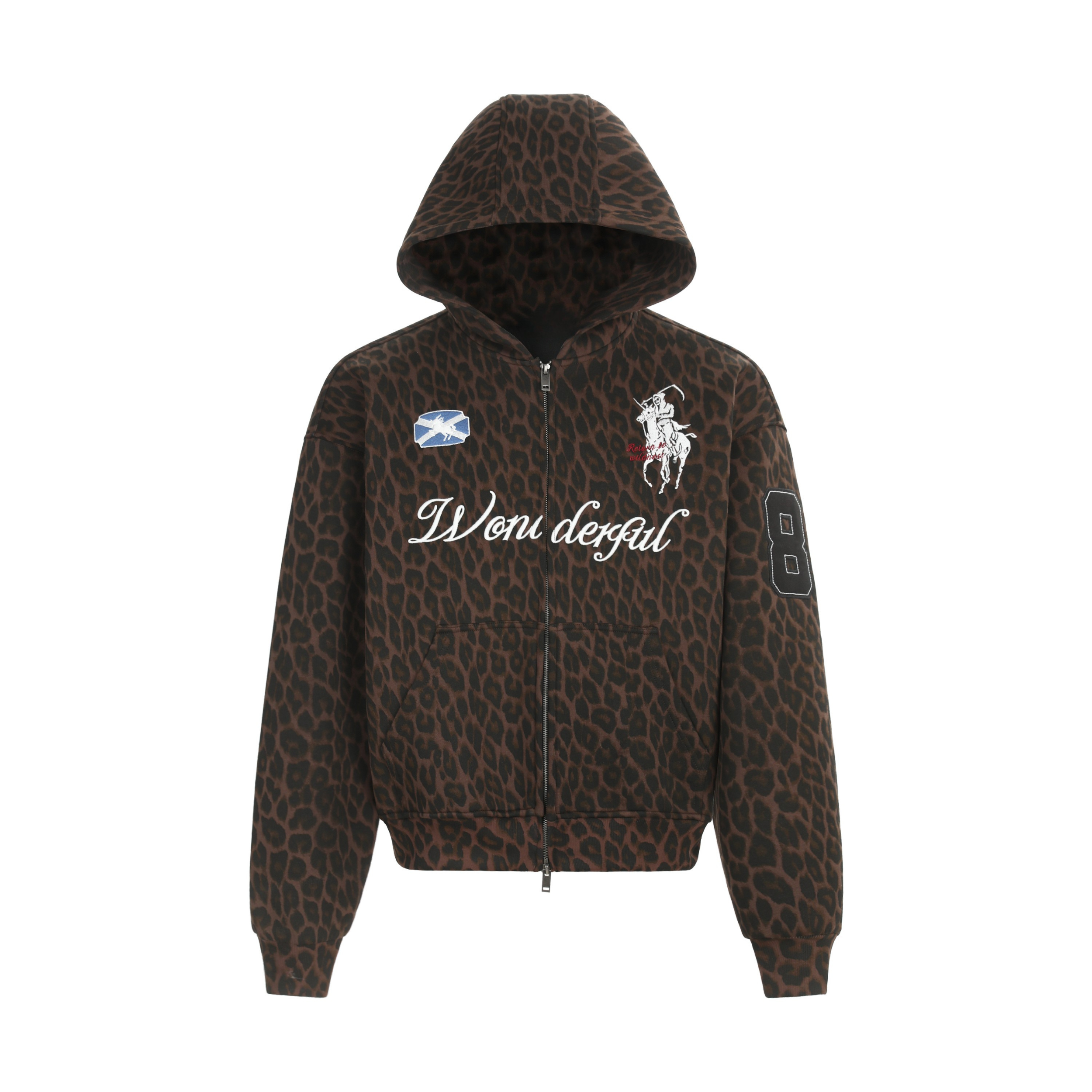 Brown leopard print zip-up hoodie with embroidered crest patches, script chest graphic and number 8 sleeve detail