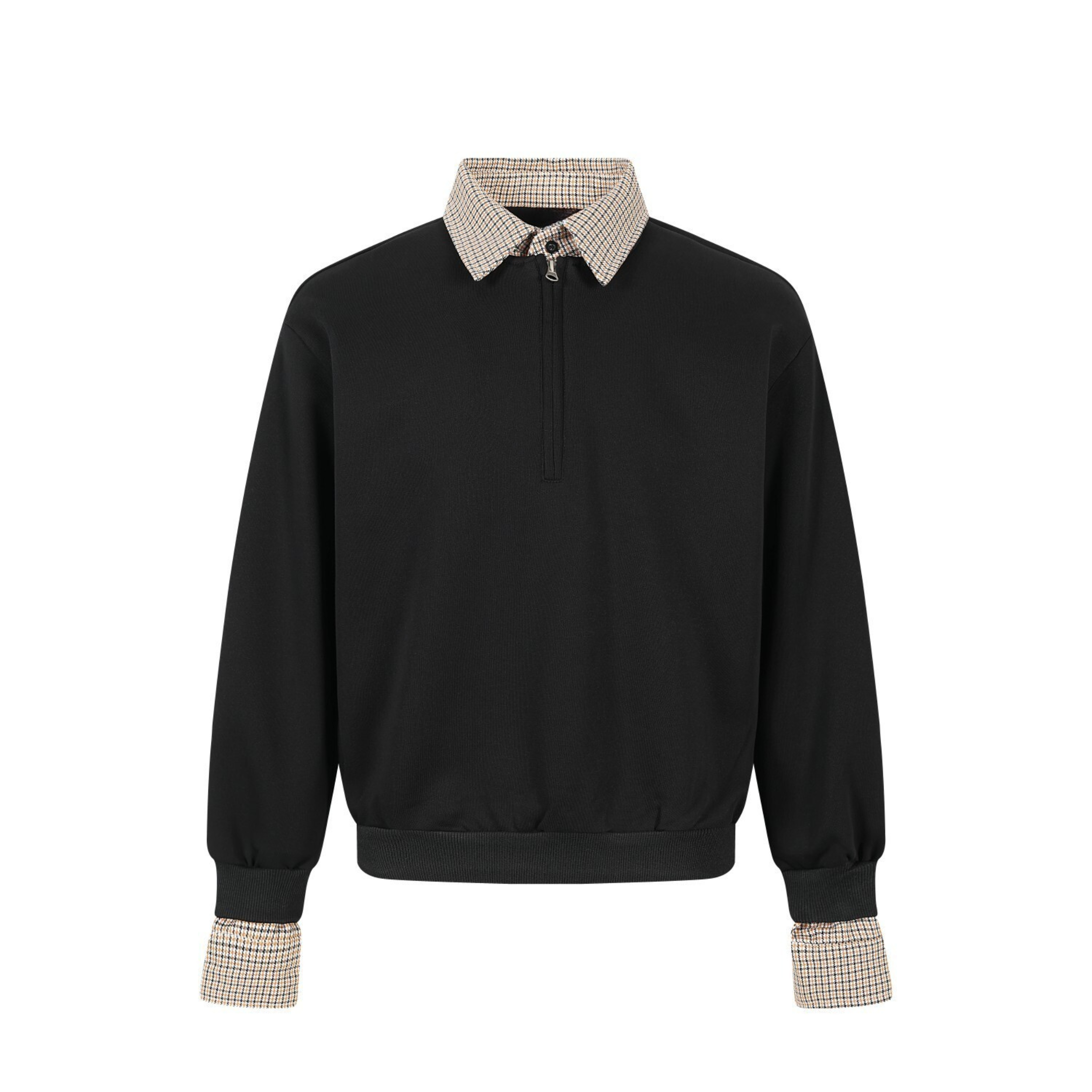 Layered Checkered Collar Half-Zip Pullover | Relaxed Fit