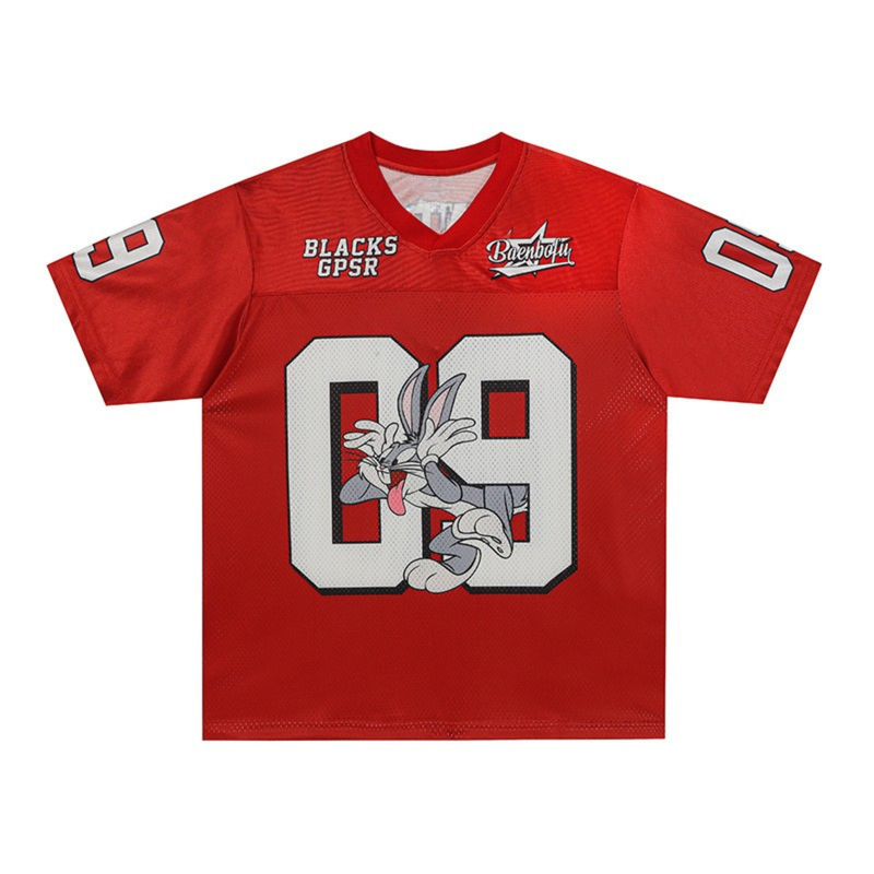 Red Bugs Bunny football jersey with large 09 graphic and cartoon character on the front, streetwear style