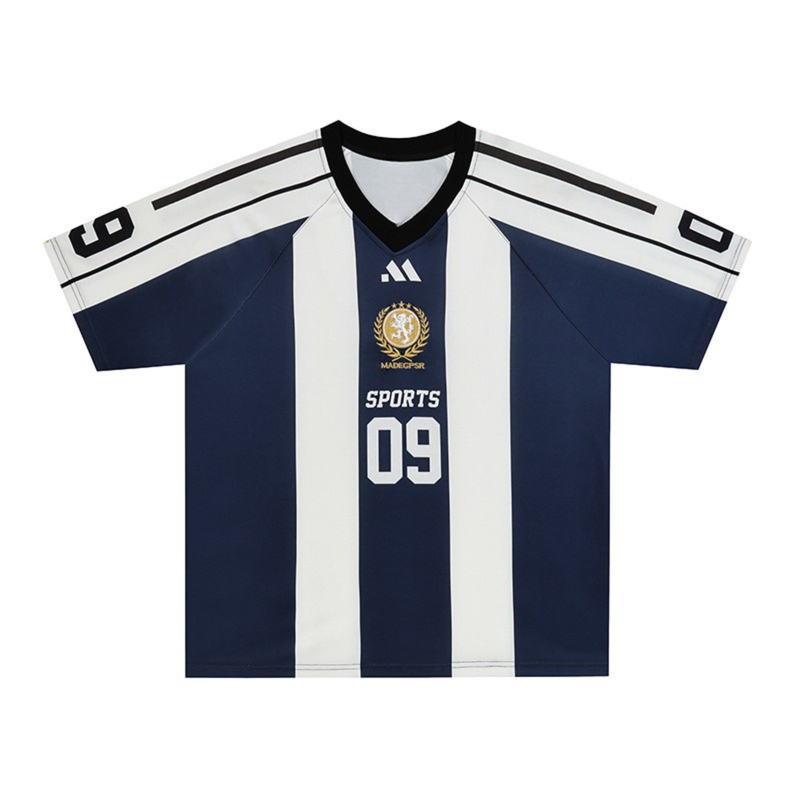 Navy and white striped football jersey with black V-neck, number 09, and sports crest on front