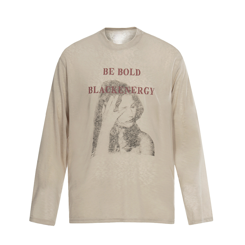 Be Bold Black Energy graphic beige long sleeve tee, front view