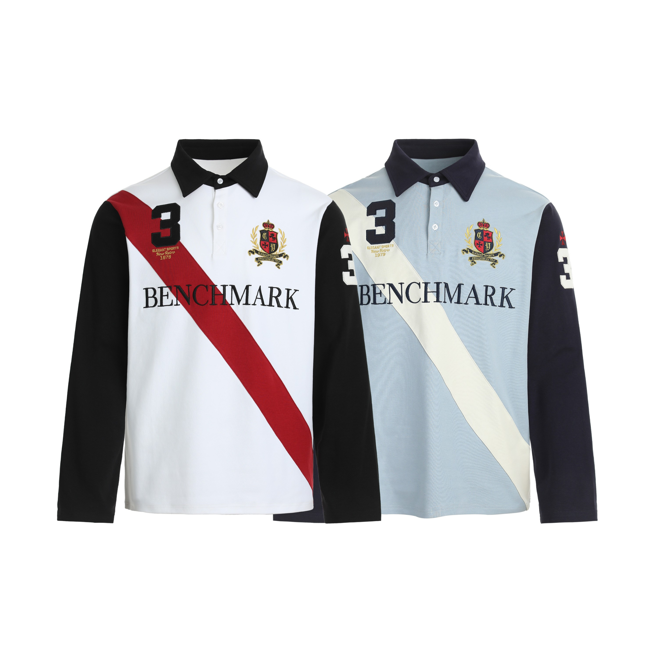 White long sleeve polo shirt with red diagonal stripe, black contrast sleeves, embroidered crest, and number 3 graphic on che
