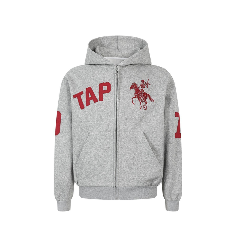 Light gray zip-up hoodie front with red TAP lettering and skeleton rider graphic