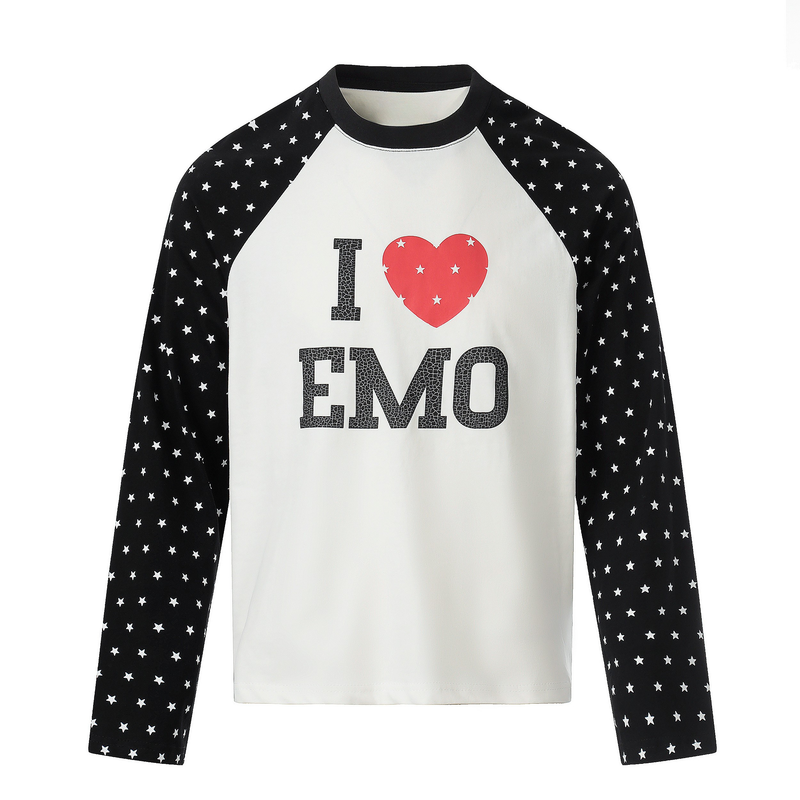 White raglan long sleeve tee with black star-print sleeves and I Love EMO front graphic
