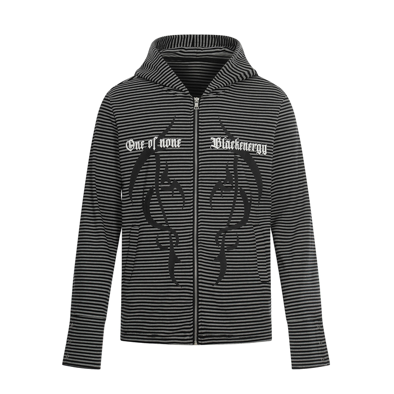 Black striped zip hoodie with front graphic lettering and large hood, laid flat