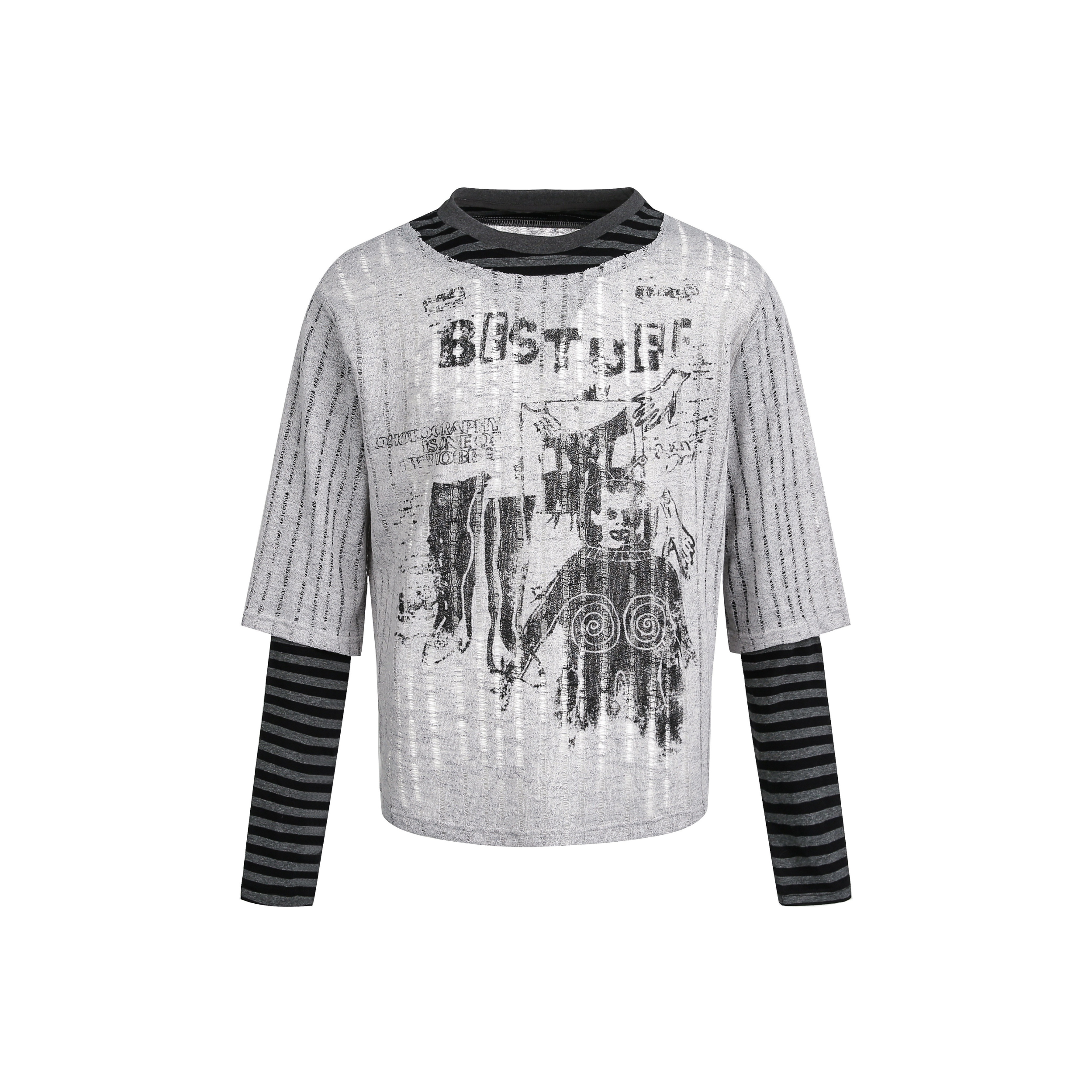 Omirad Layered Grunge Graphic Sweater | Striped Sleeve Top