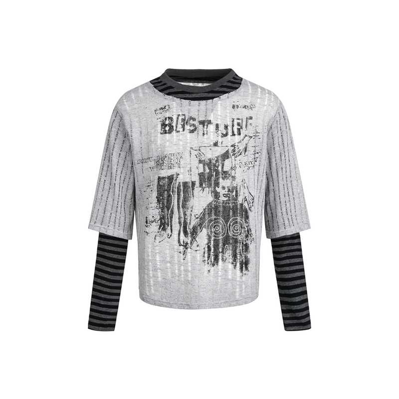 Gray layered sweater top with black striped long sleeves and distressed graphic front