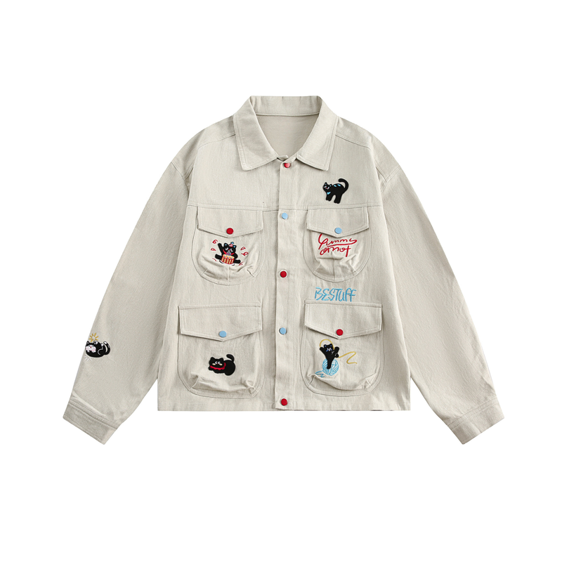 Cartoon Embroidery Cotton Utility Jacket | Streetwear