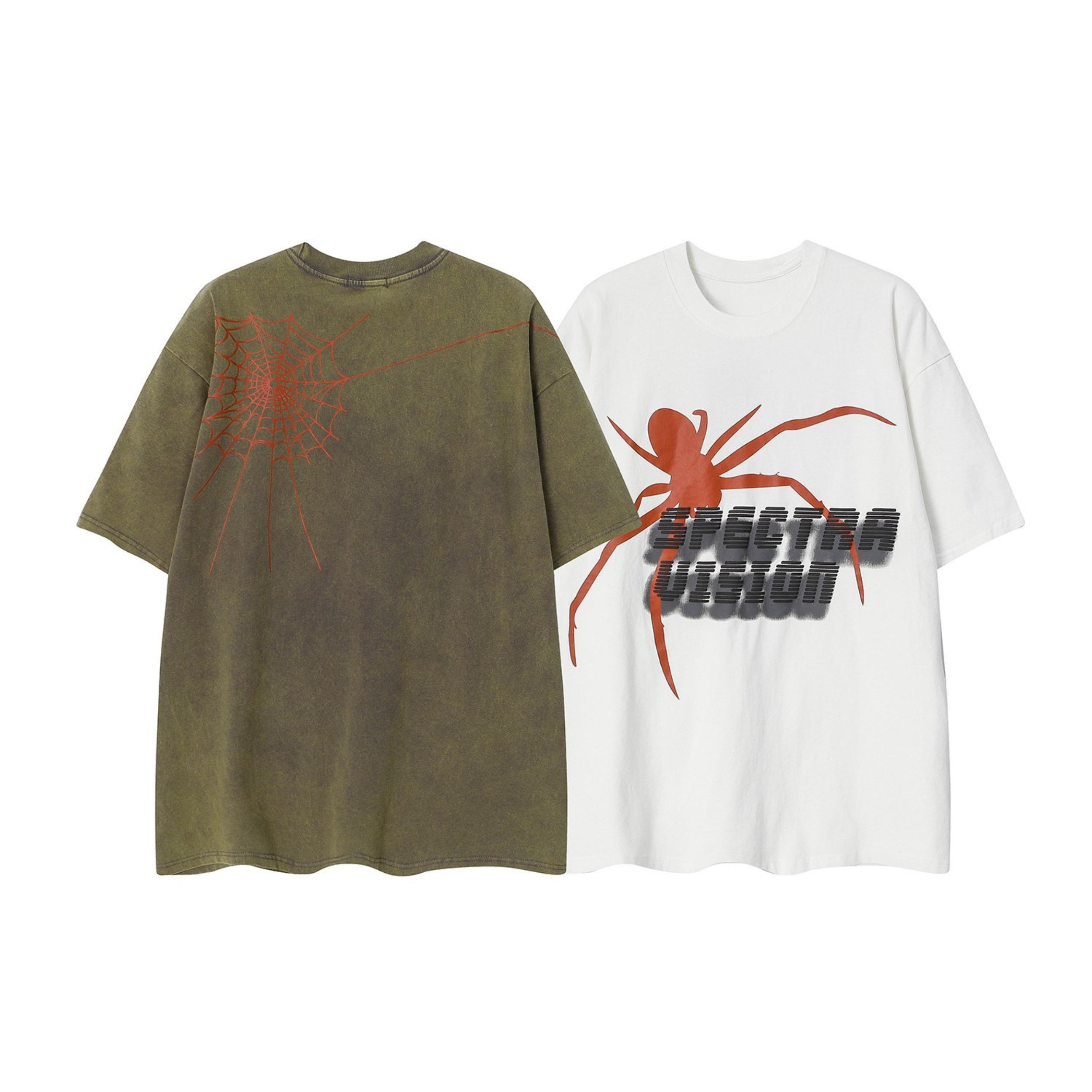 White oversized graphic tee with red spider illustration and Spectra Vision bold text print on the front