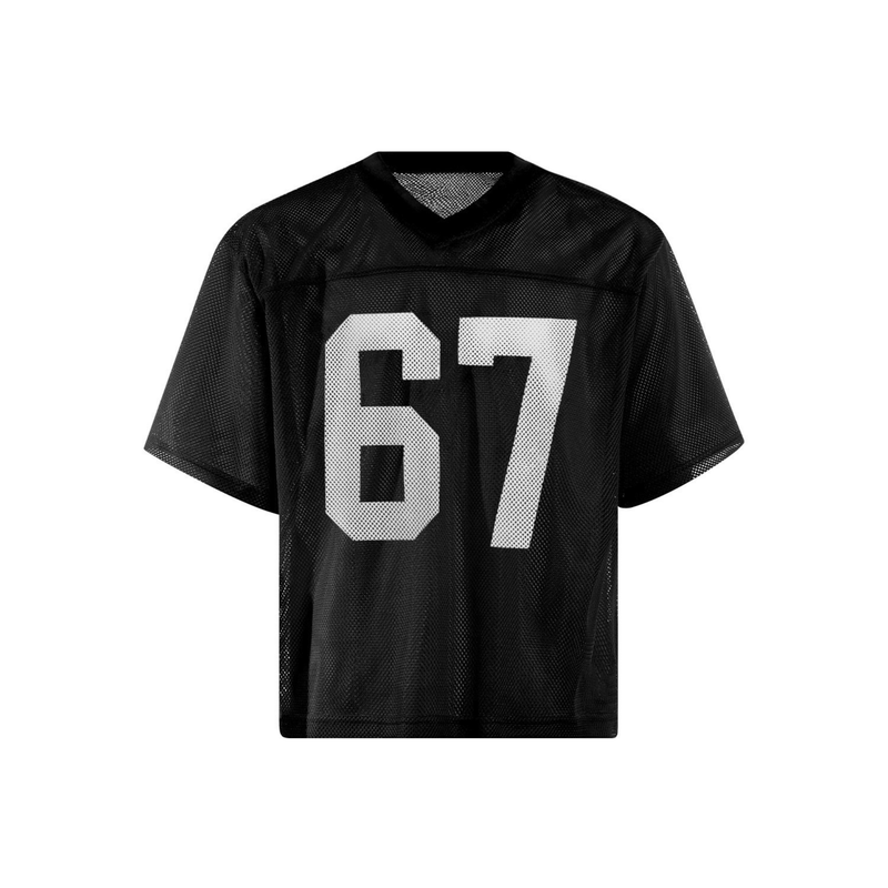 Black mesh jersey tee with oversized white 67 graphic and V-neck, styled for varsity-inspired streetwear