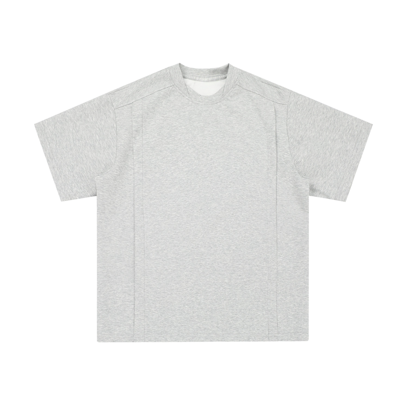Light heather gray oversized structured tee with short sleeves and minimal streetwear design on a white background