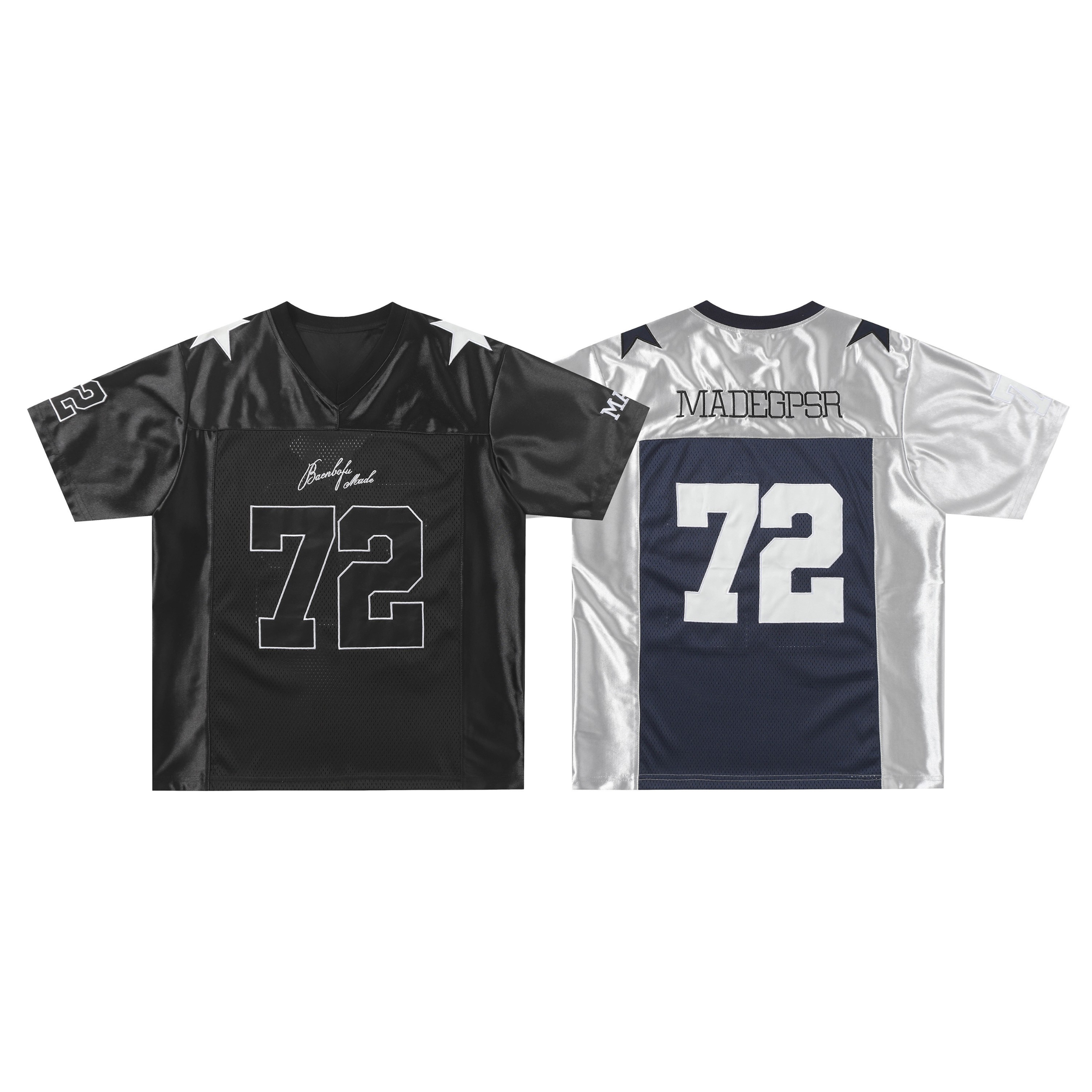 Black mesh football jersey tee with white star shoulder accents and bold outlined number 72 front print