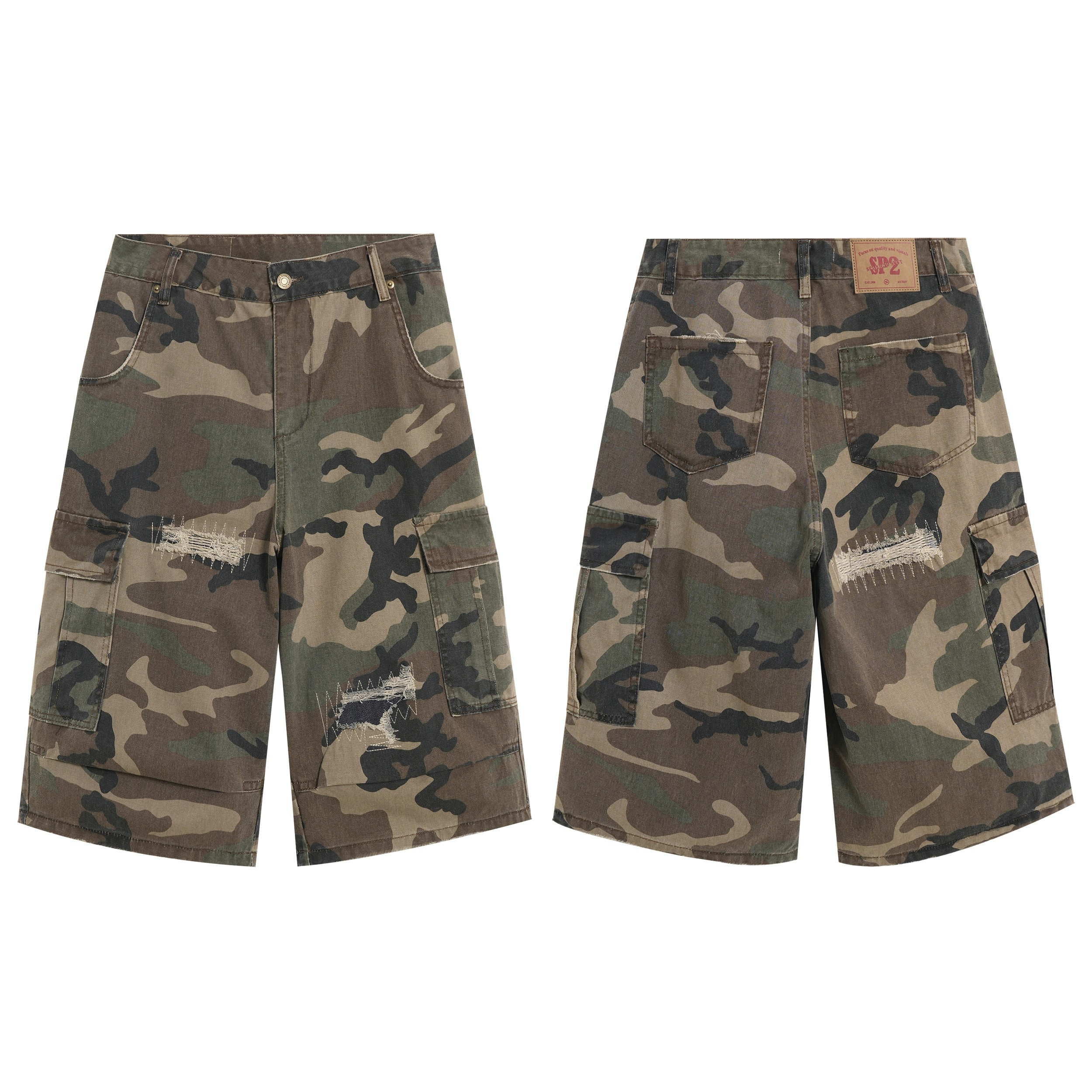 Front and back view of distressed woodland camo cargo shorts with patchwork detailing and large side pockets