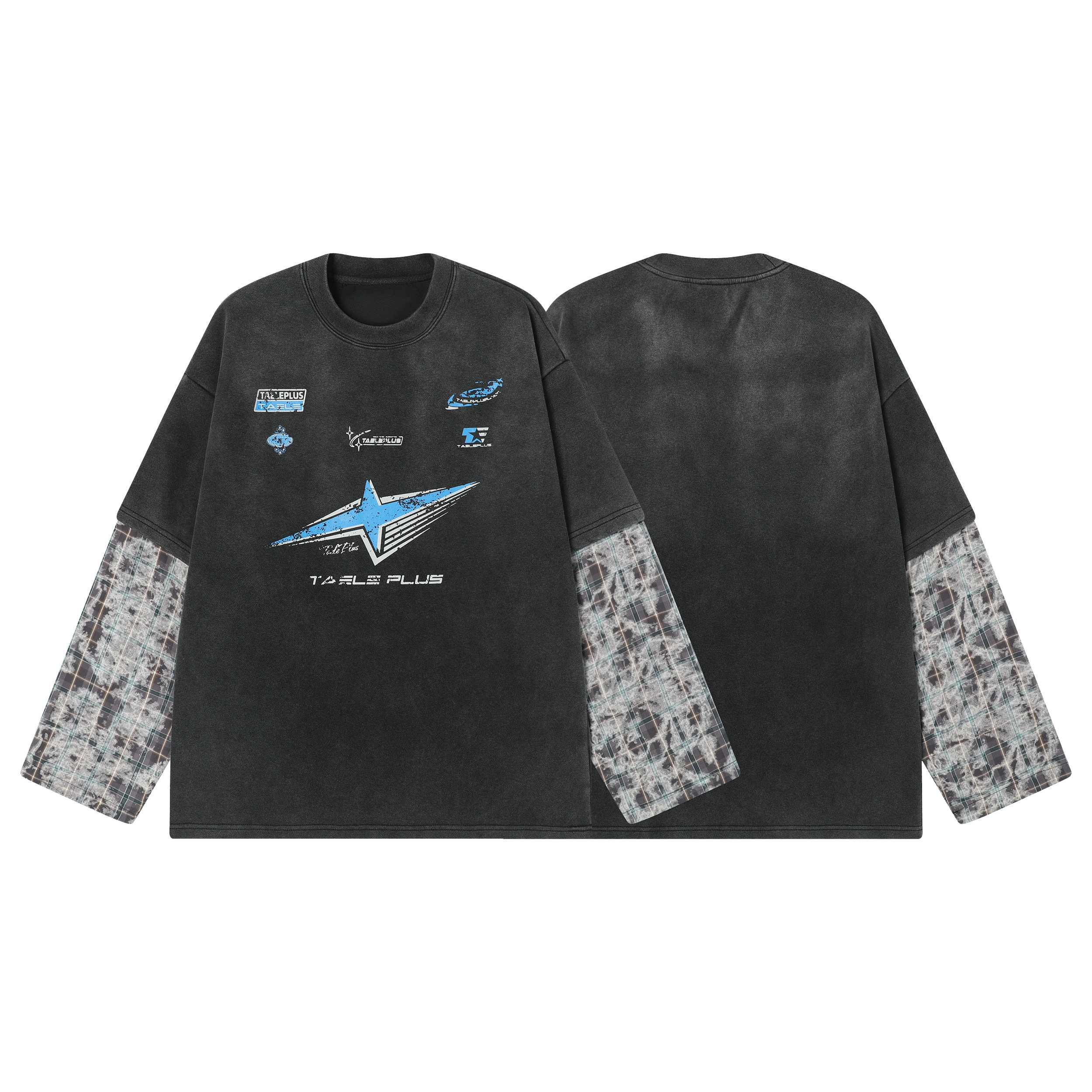 Washed charcoal long sleeve tee with blue star graphic print and contrast plaid tie-dye sleeves, front and back view