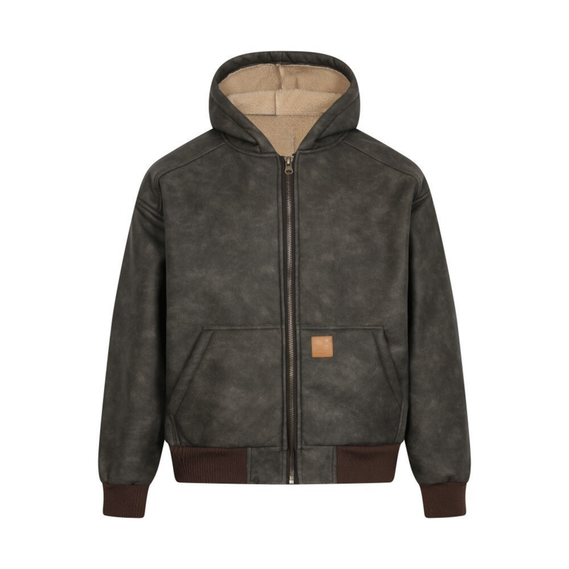Omirad Vintage Hooded PU Jacket | Fleece-Lined Bomber