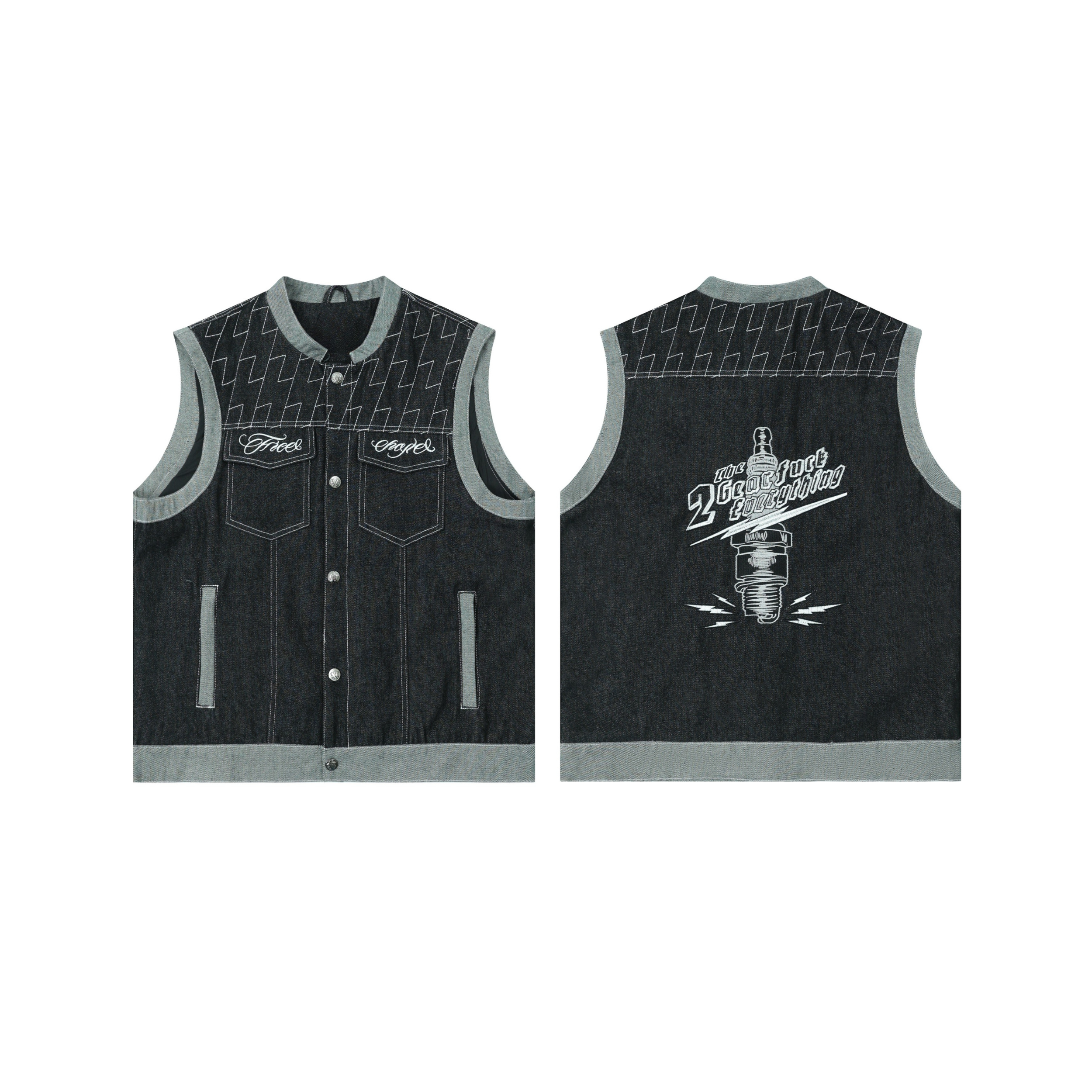 Front and back view of Omirad Vintage Racer black denim vest with lightning bolt pattern, embroidered chest logos, and spark