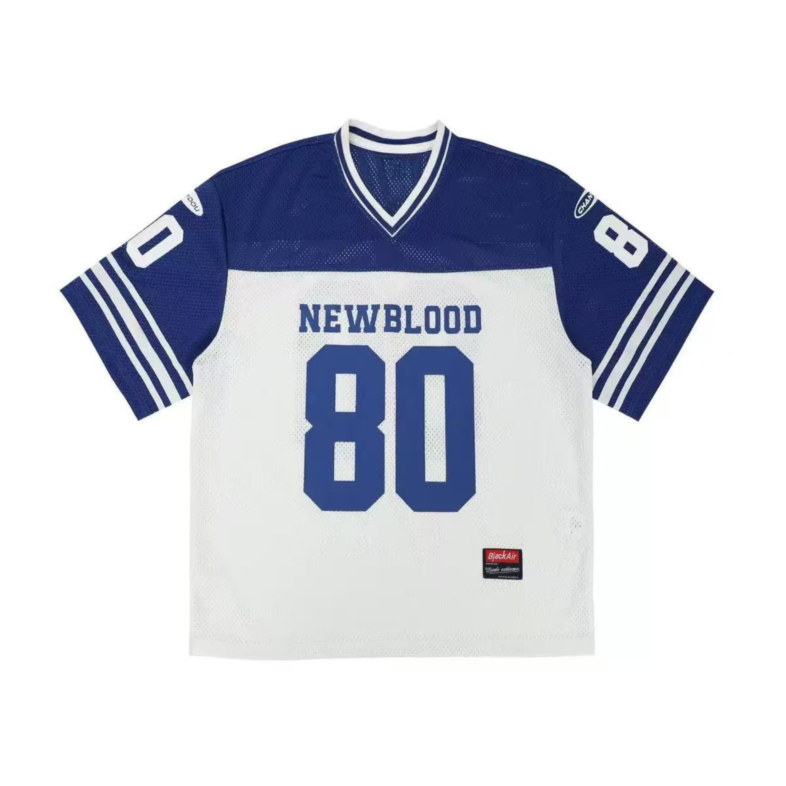 Blue and white color-block football jersey tee with NEWBLOOD 80 front print and striped sleeves