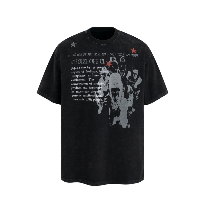 Black graphic streetwear T-shirt with collage print, white text, and red star accents on the chest