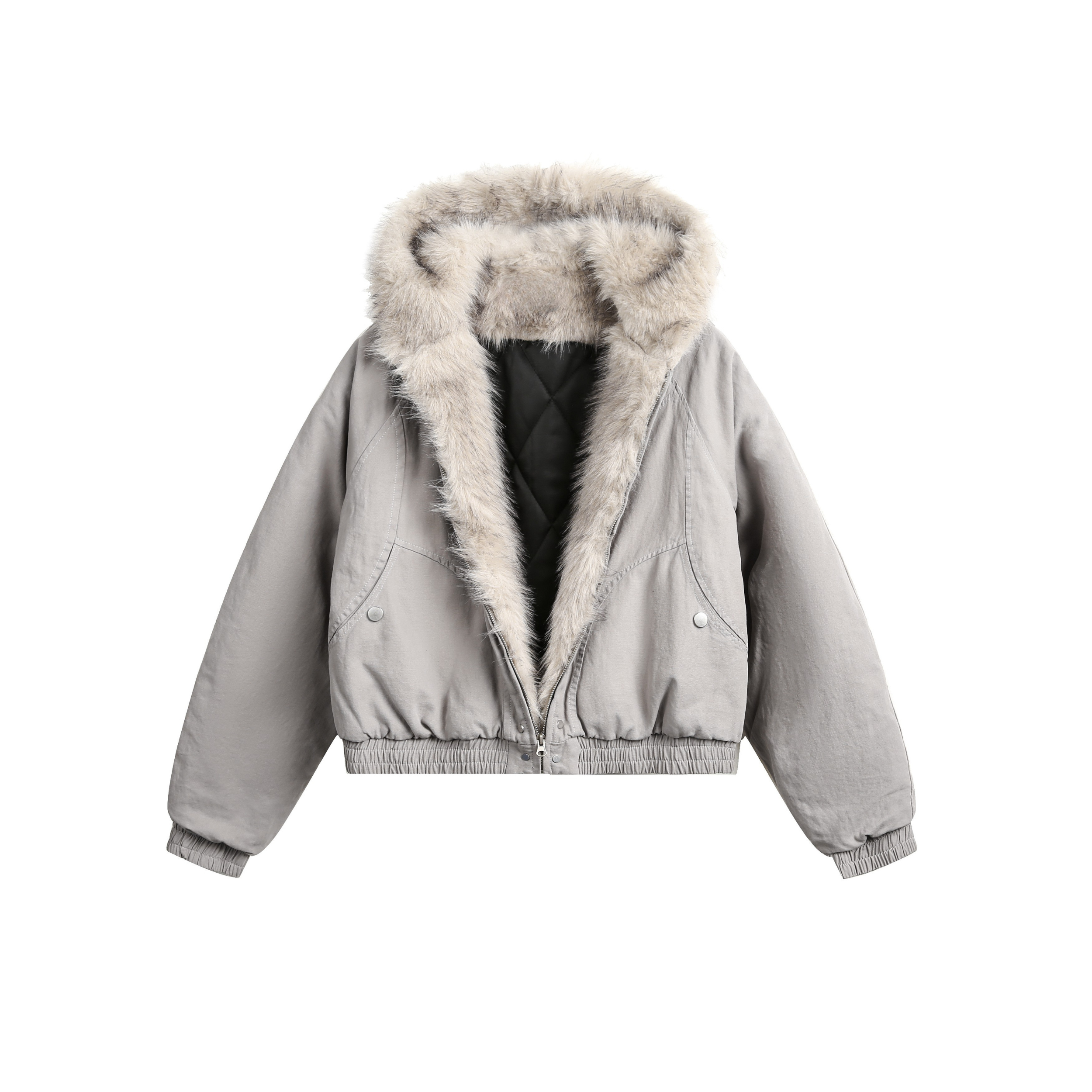 Oversized Faux Fur-Trim Hooded Cropped Bomber Jacket