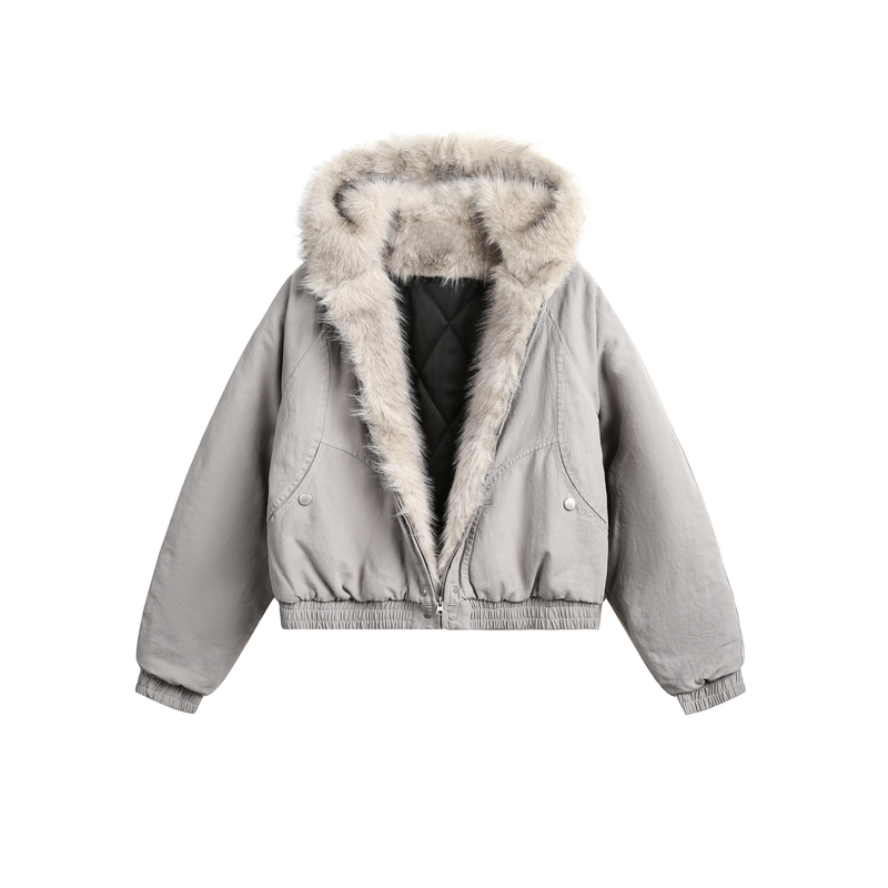 Oversized Faux Fur-Trim Hooded Cropped Bomber Jacket