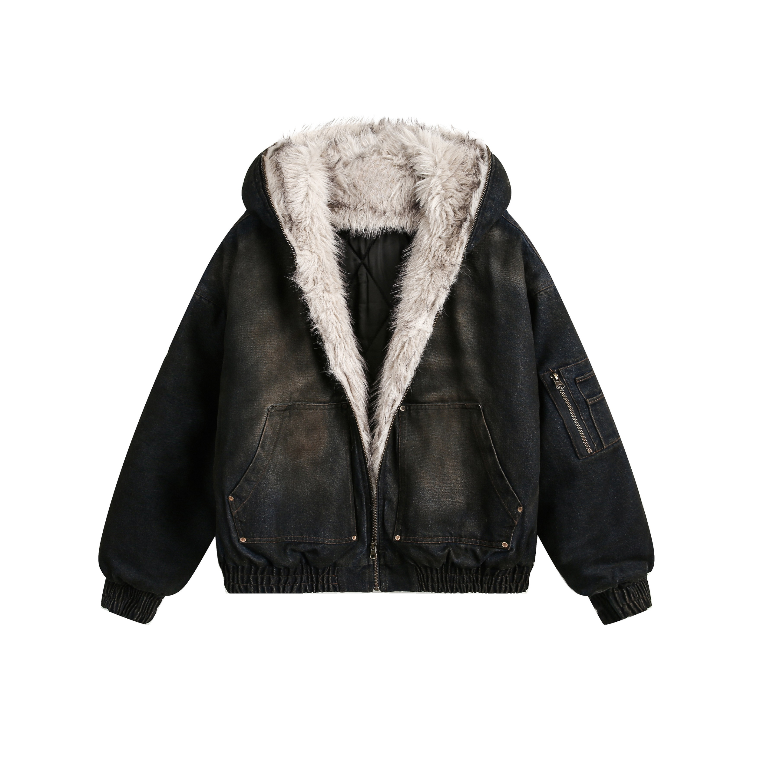 Oversized washed black hooded bomber jacket with grey faux fur lining, open zip, front utility pockets and sleeve zip pocket