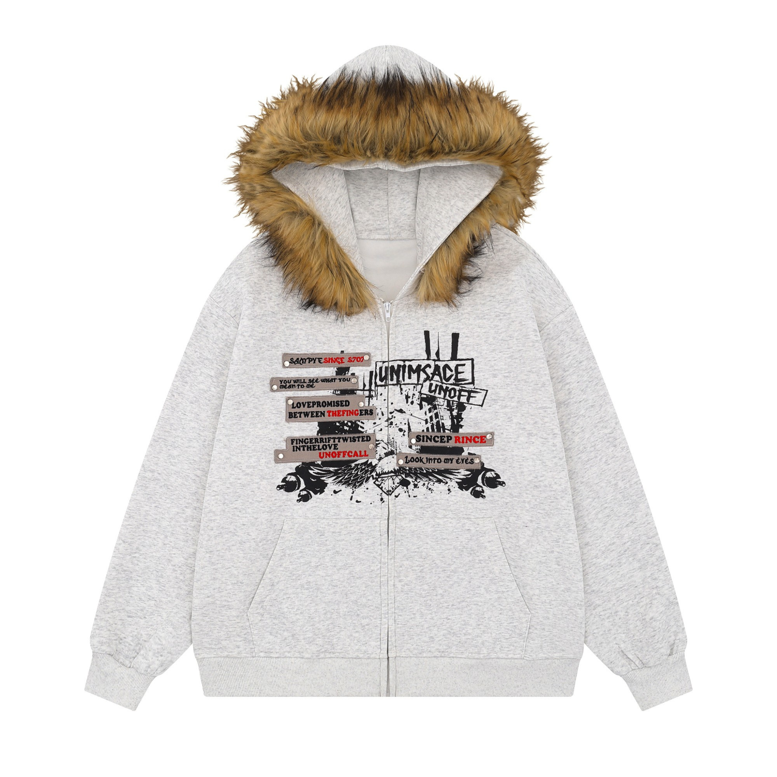 Fur-Trim Graphic Zip Hoodie | Street Style Fleece Jacket