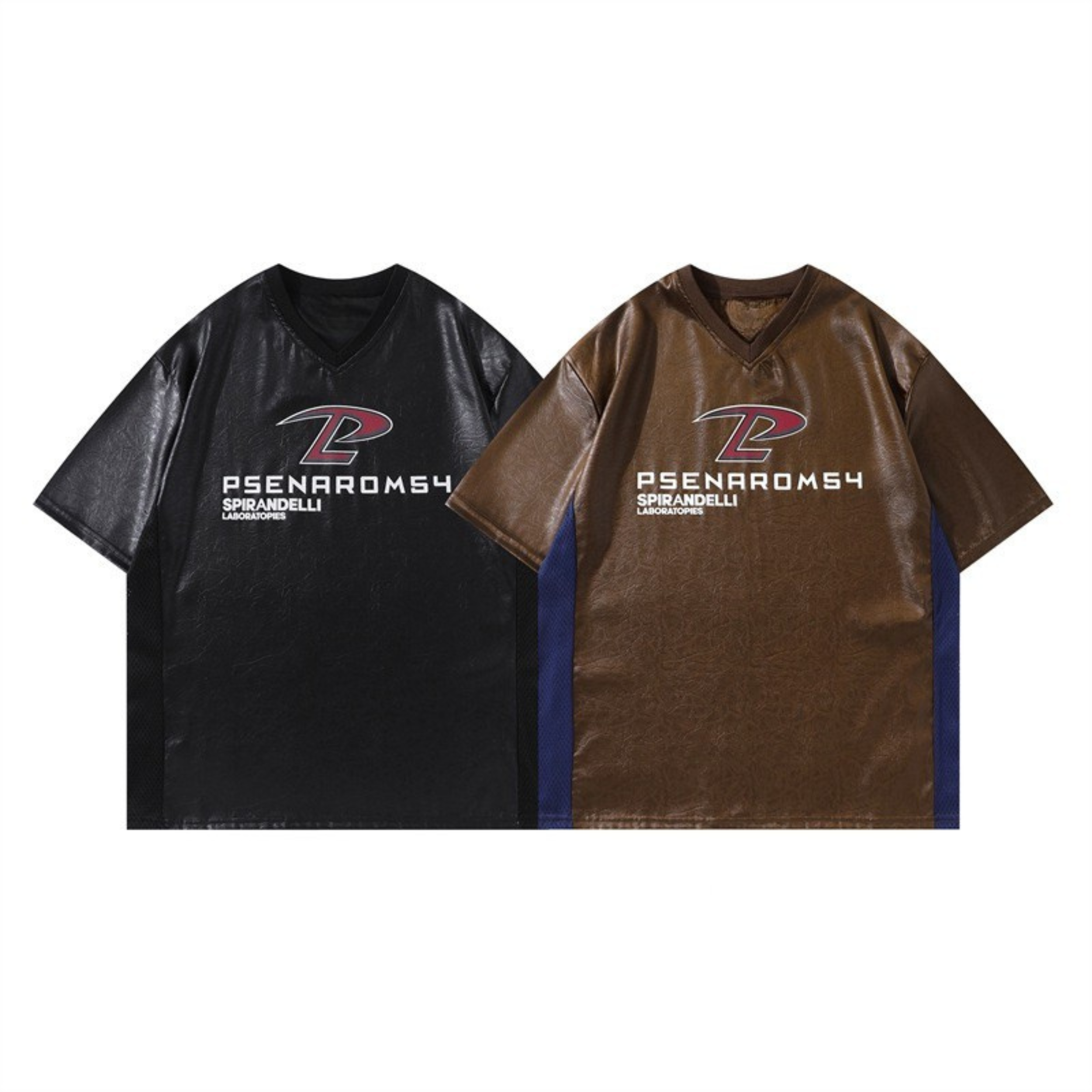 Black and brown PU leather-look racing V-neck tees with PSENAROM54 graphic print and contrast navy side panels