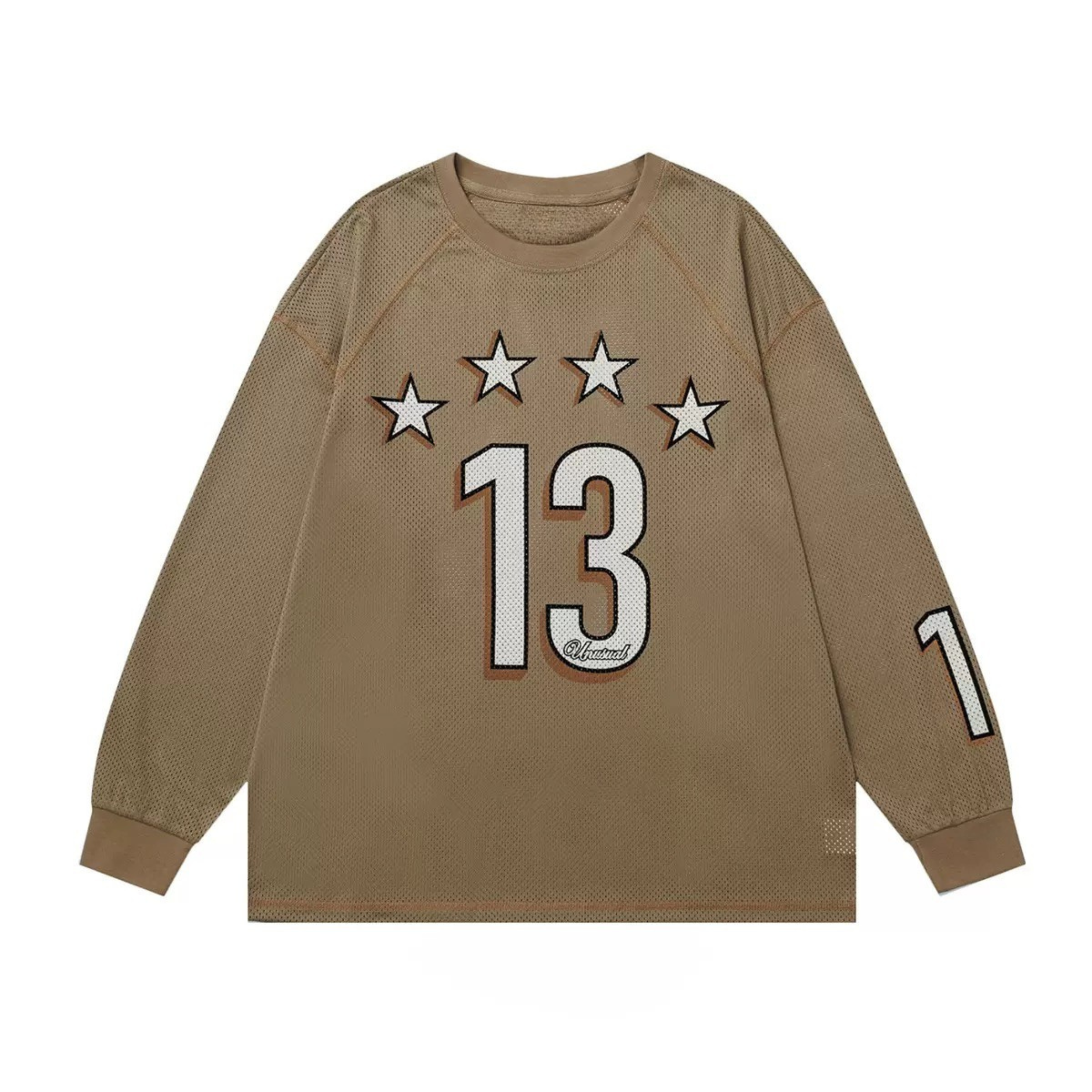 Khaki brown oversized long-sleeve mesh jersey with number 13 chest graphic and white star appliqué patches