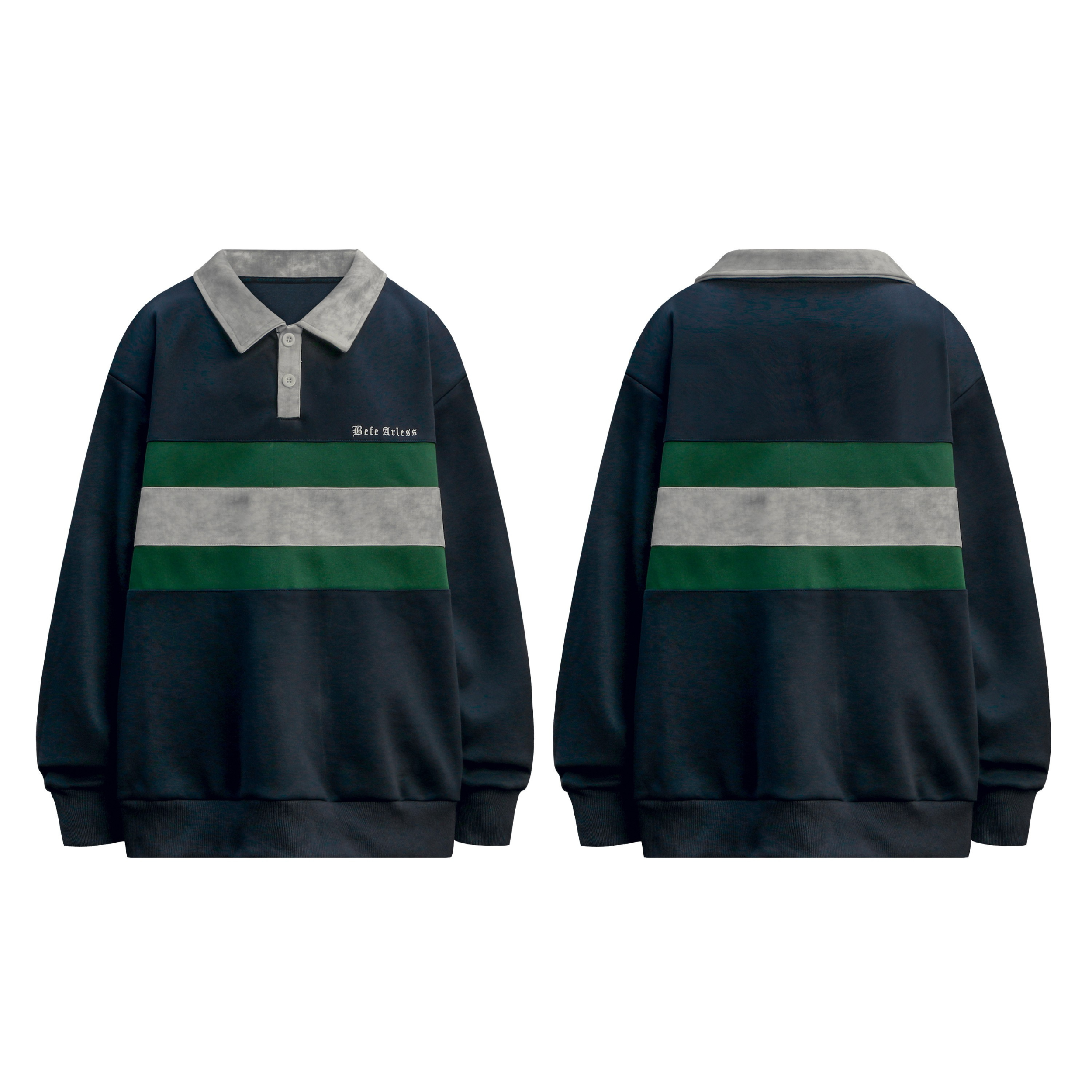 Front and back view of a navy rugby sweatshirt with green and grey horizontal stripes and a grey polo collar