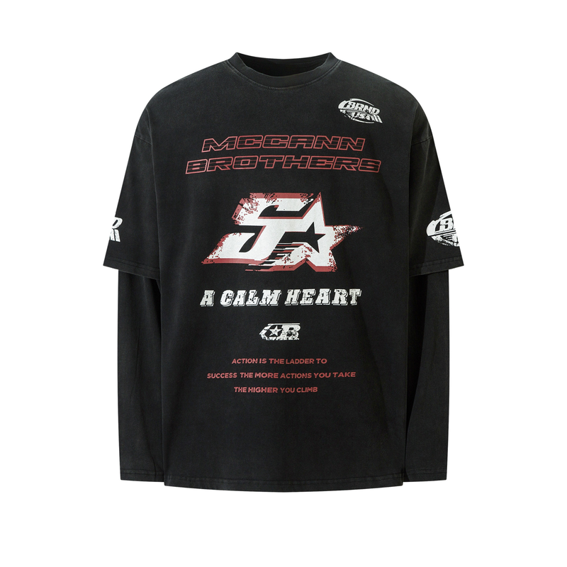 Front view of black McCann Brothers long sleeve tee with red and white racing print