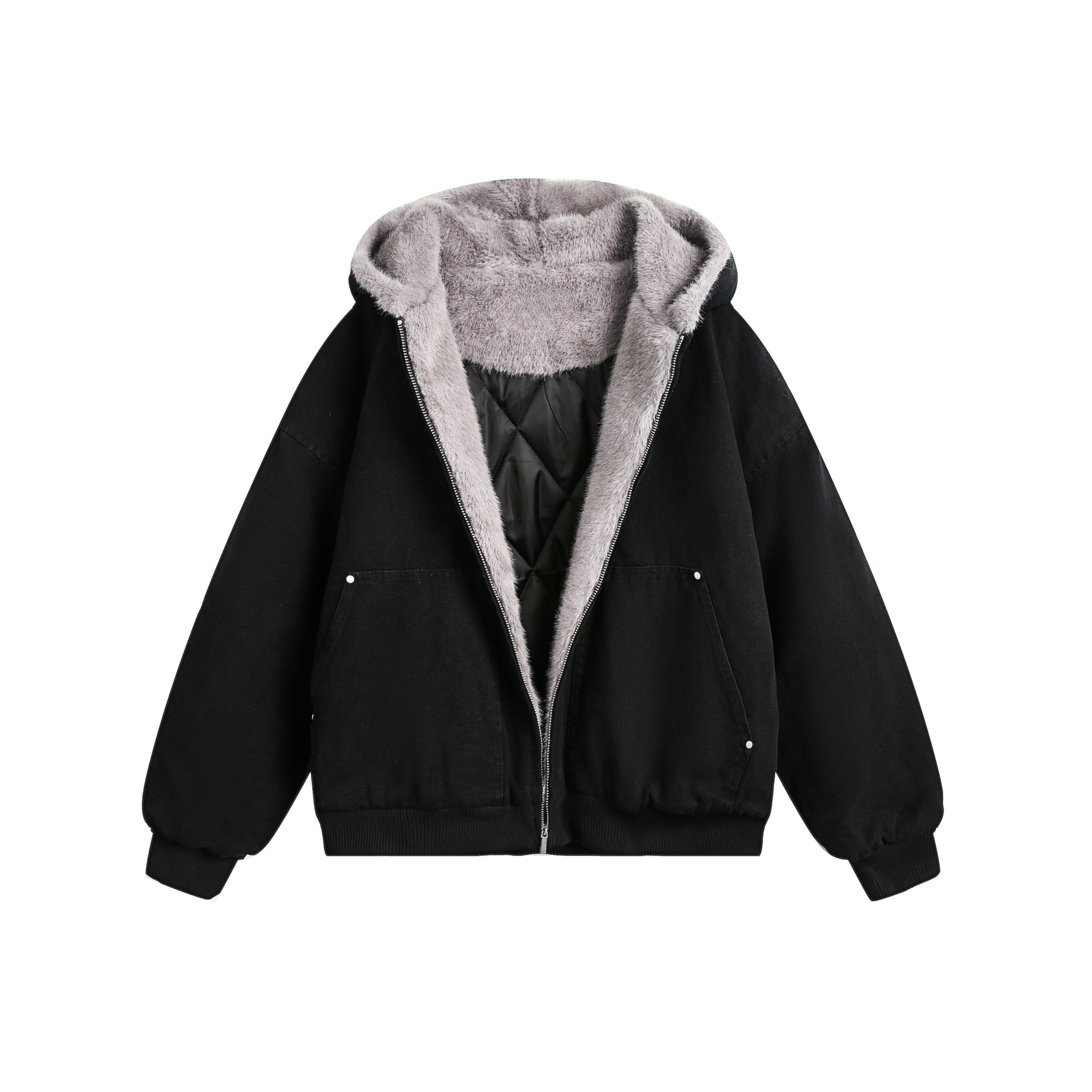 Faux Fur-Lined Hooded Bomber Jacket | Heavy Cotton Shell