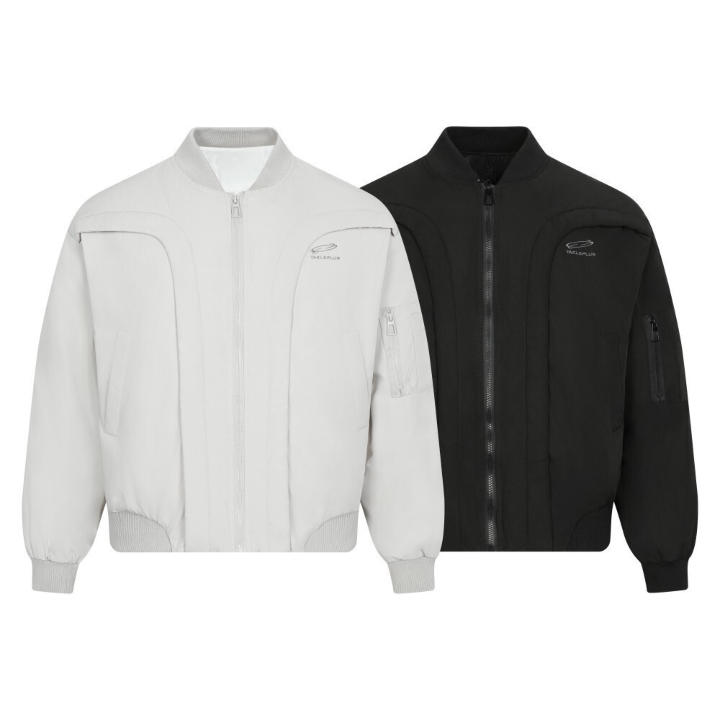 Omirad performance mesh bomber jackets in light grey and black with zippered sleeve pocket and ribbed cuffs